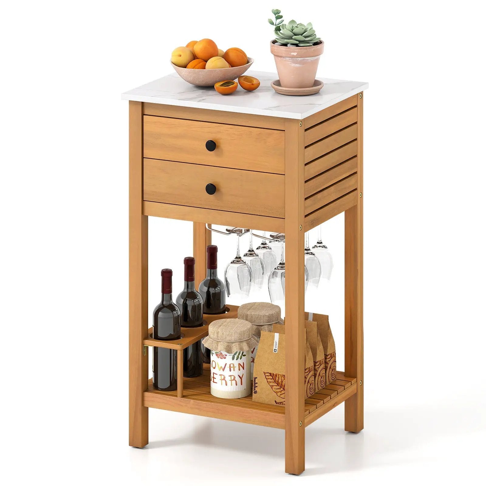 Patio Acacia Wood Storage Cabinet Patio Buffet Cabinet Bar Table with Faux Marble Countertop by DirectDeals