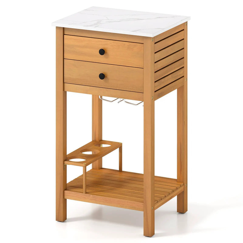 Patio Acacia Wood Storage Cabinet Patio Buffet Cabinet Bar Table with Faux Marble Countertop by DirectDeals