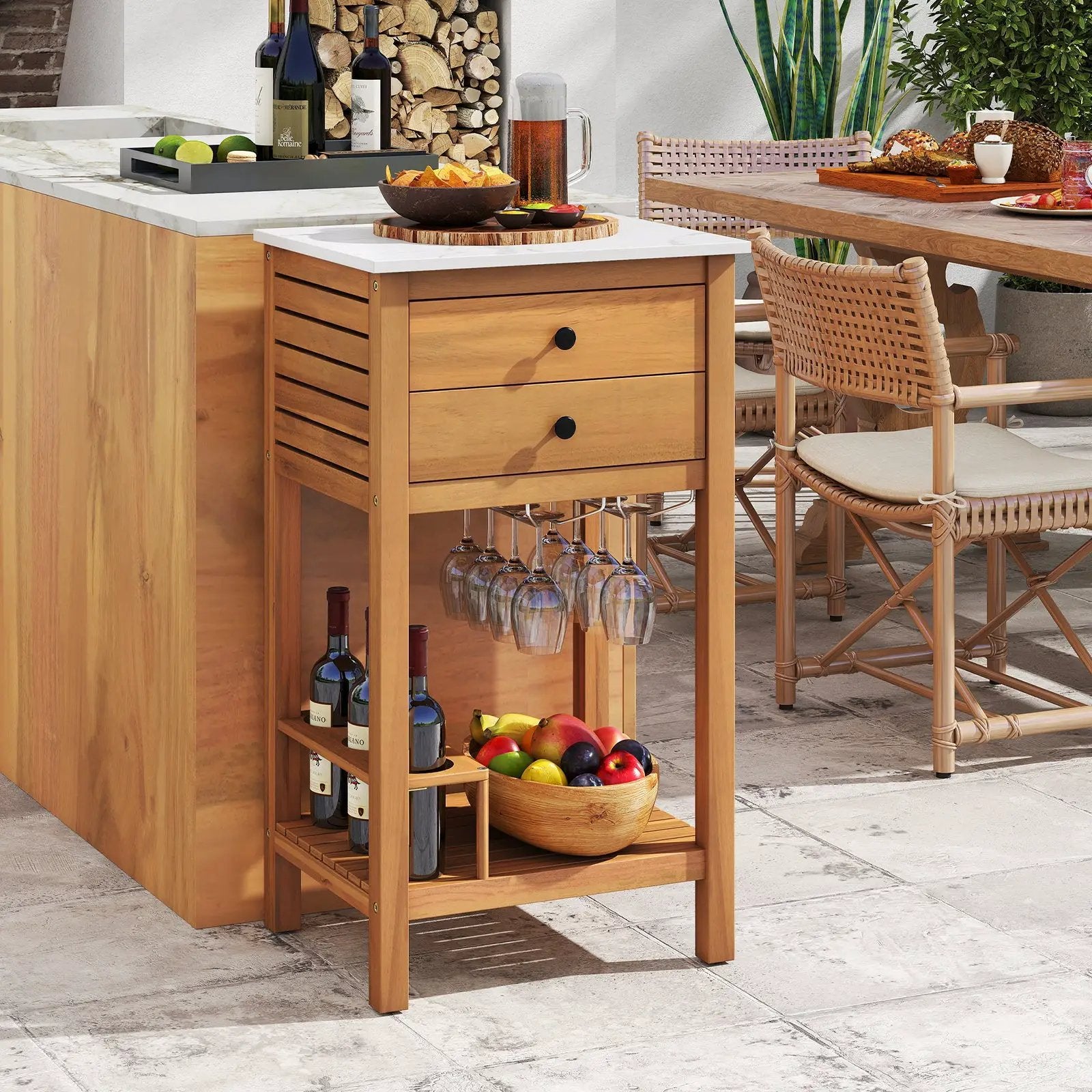 Patio Acacia Wood Storage Cabinet Patio Buffet Cabinet Bar Table with Faux Marble Countertop by DirectDeals