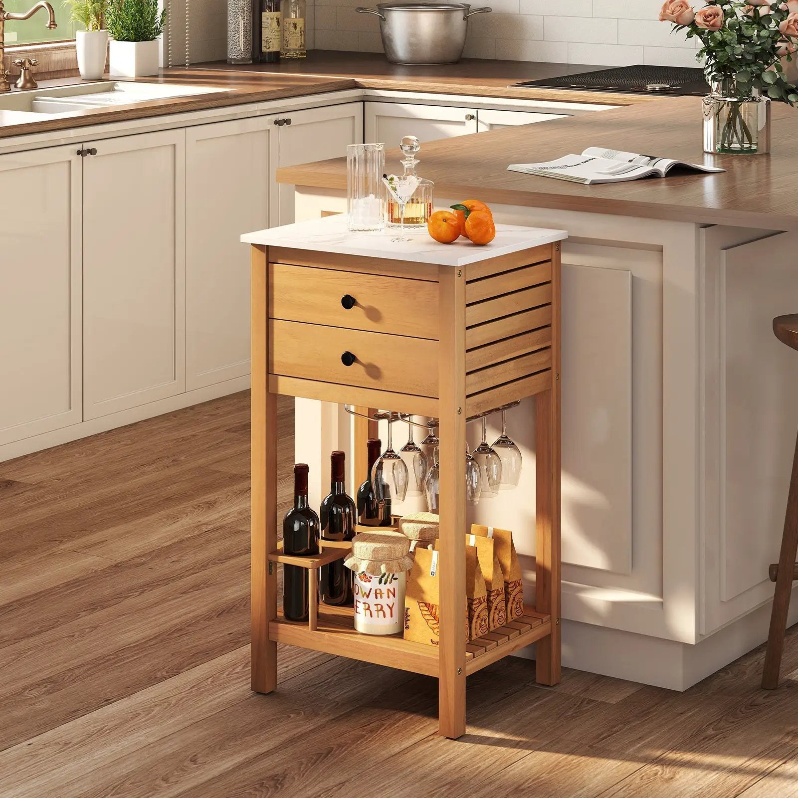 Patio Acacia Wood Storage Cabinet Patio Buffet Cabinet Bar Table with Faux Marble Countertop by DirectDeals