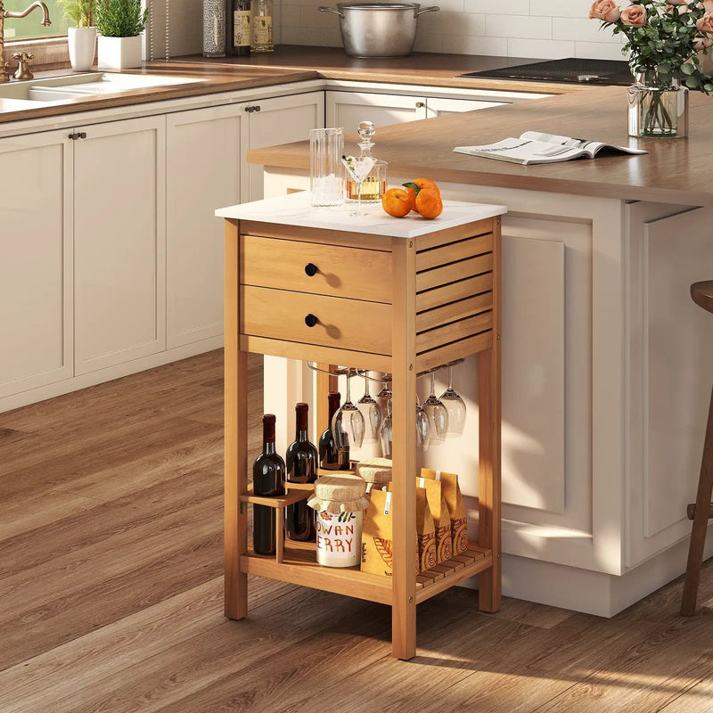 Patio Acacia Wood Storage Cabinet Patio Buffet Cabinet Bar Table with Faux Marble Countertop by DirectDeals