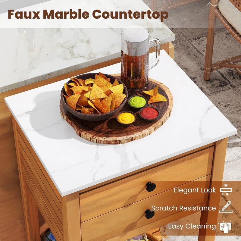 Patio Acacia Wood Storage Cabinet Patio Buffet Cabinet Bar Table with Faux Marble Countertop by DirectDeals