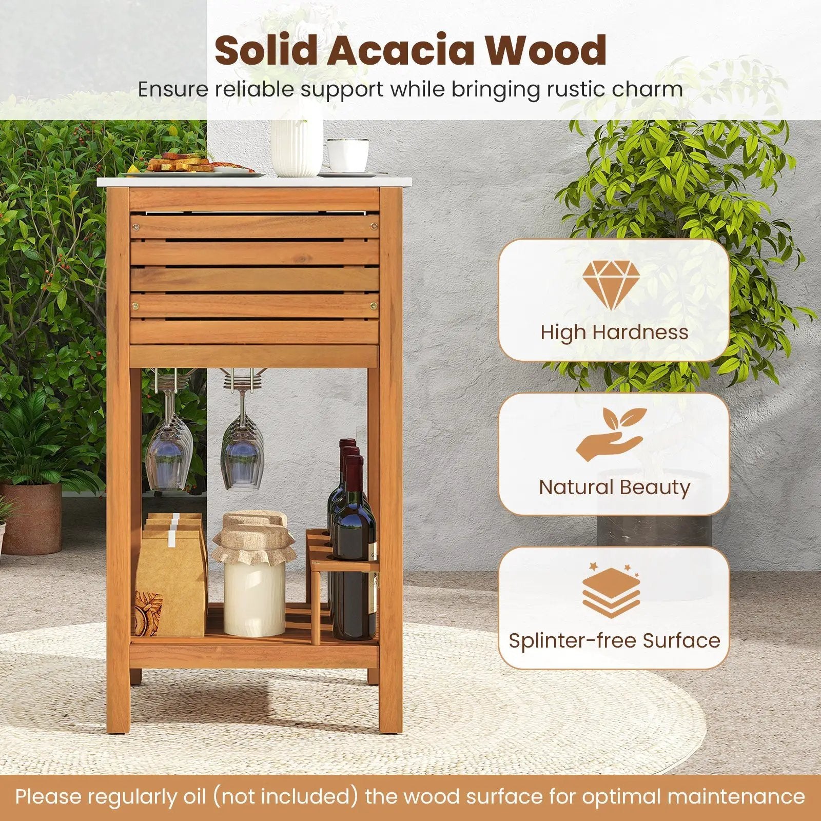 Patio Acacia Wood Storage Cabinet Patio Buffet Cabinet Bar Table with Faux Marble Countertop by DirectDeals