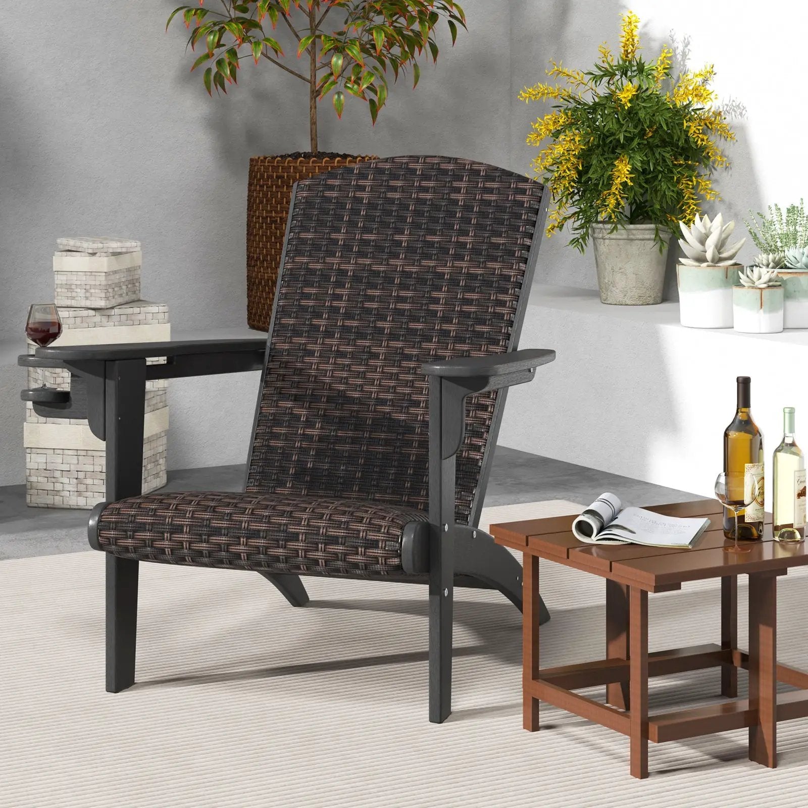 Patio Adirondack Chair with Rattan Padded Seat and Hidden Cupholder by DirectDeals