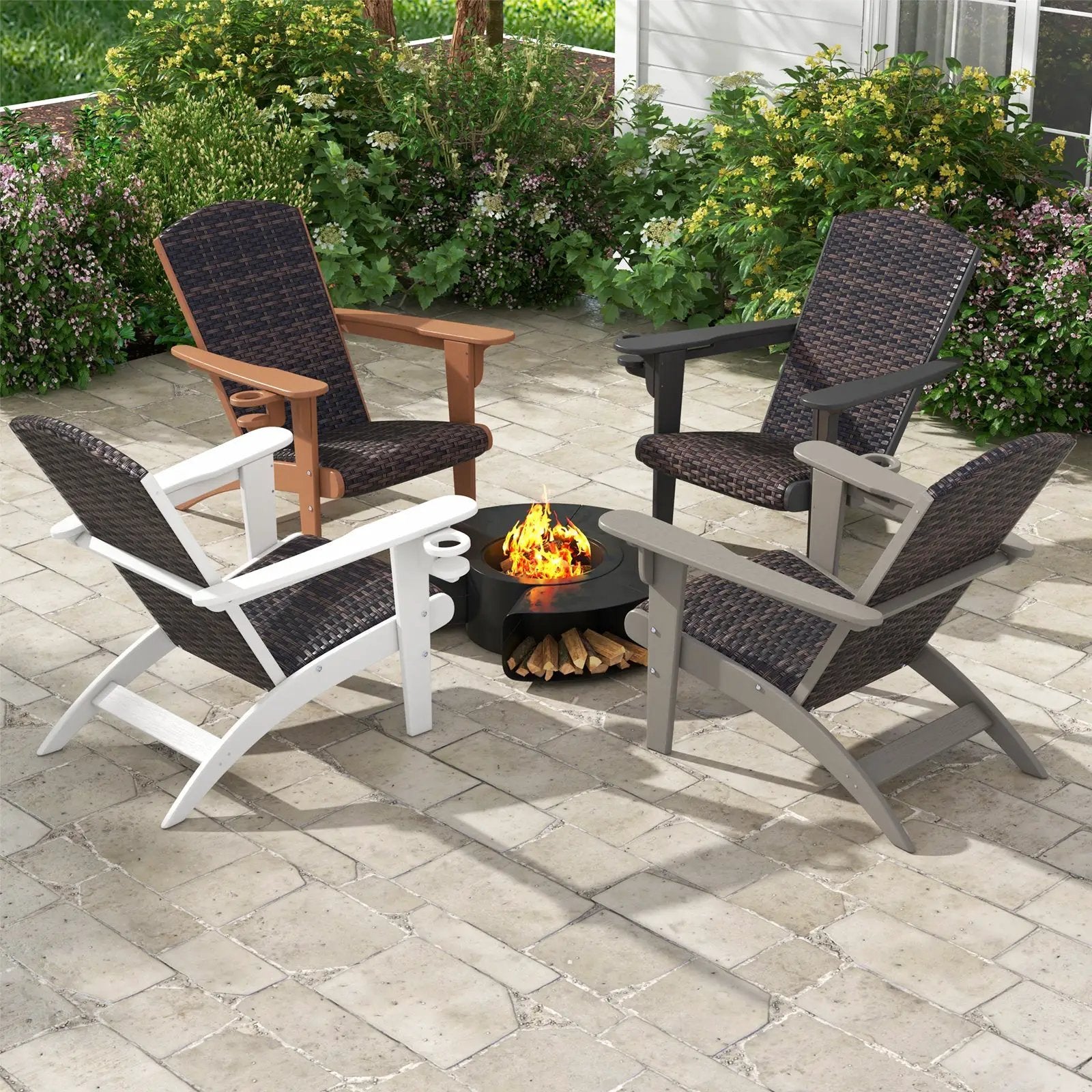 Patio Adirondack Chair with Rattan Padded Seat and Hidden Cupholder by DirectDeals