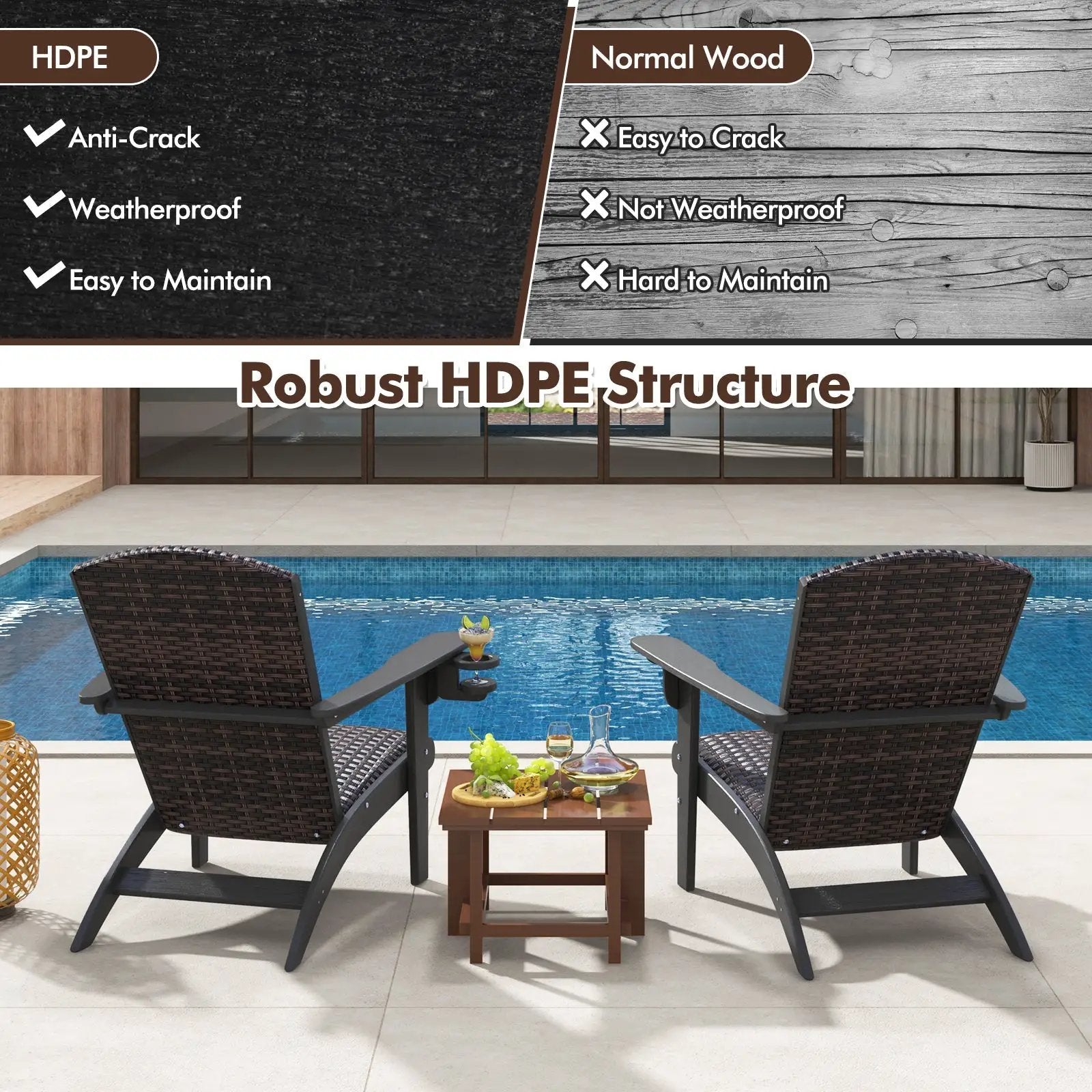 Patio Adirondack Chair with Rattan Padded Seat and Hidden Cupholder by DirectDeals