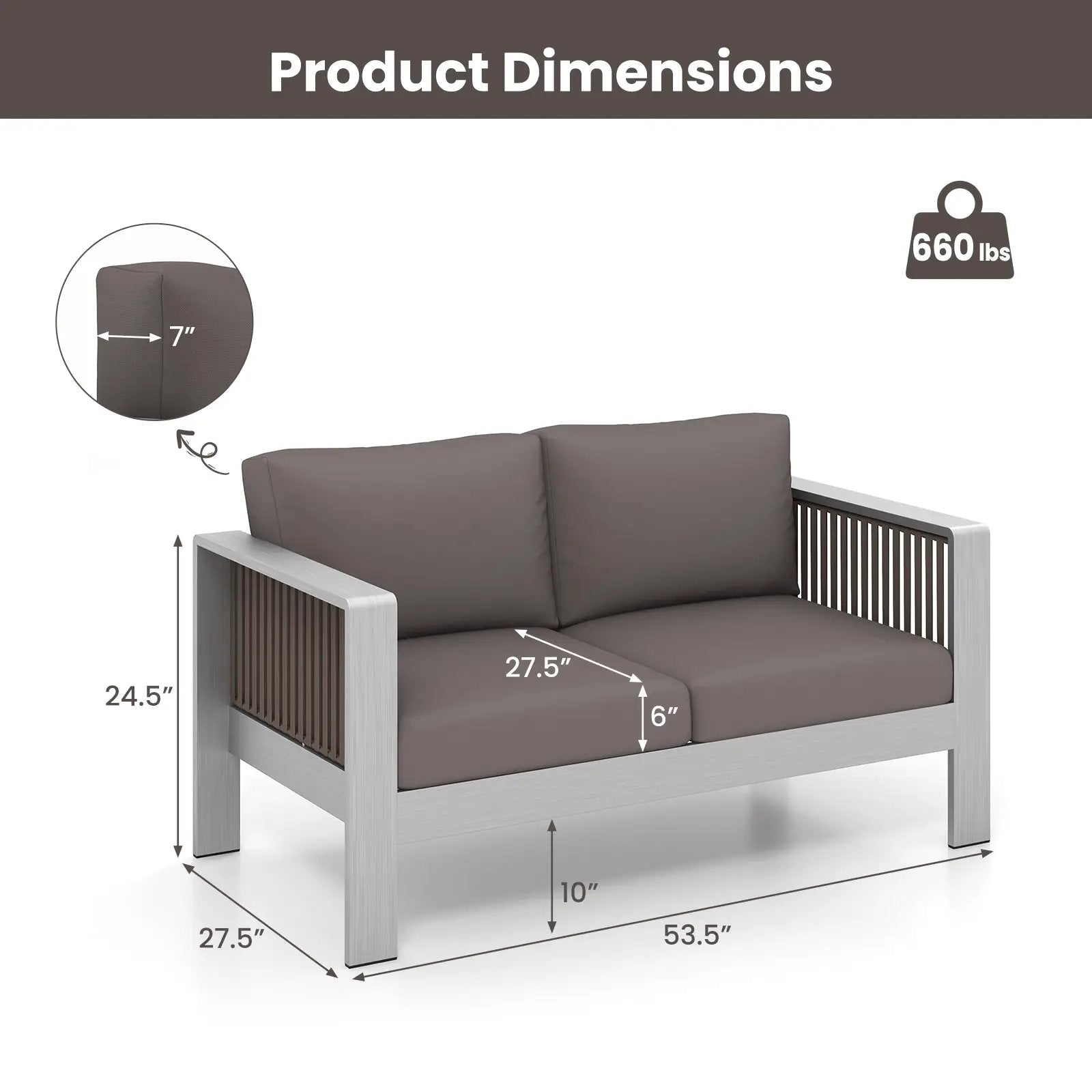 Patio Aluminum Loveseat Sofa Outdoor Furniture Set with Thick Back and Seat Cushions-Gray by DirectDeals