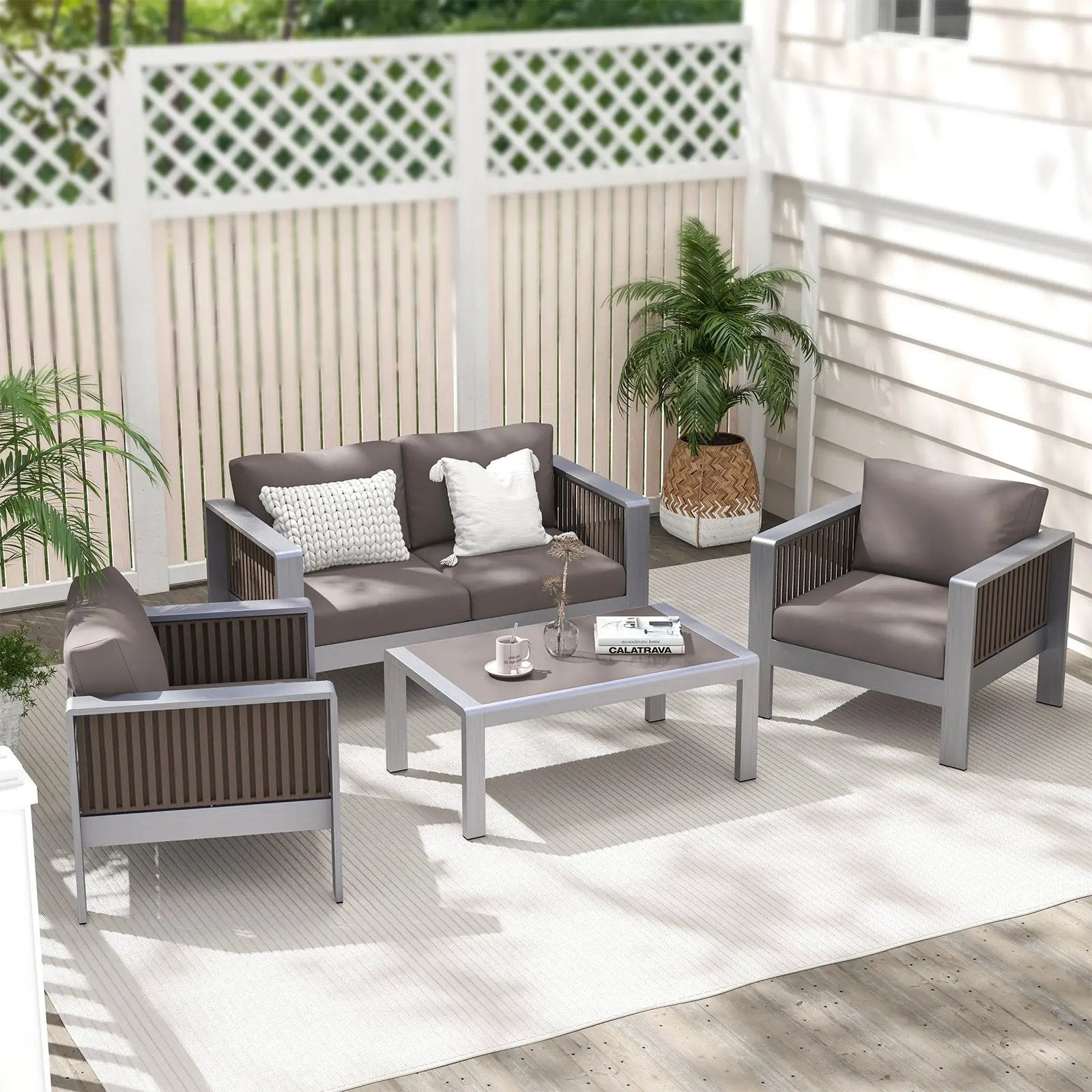 Patio Aluminum Loveseat Sofa Outdoor Furniture Set with Thick Back and Seat Cushions-Gray by DirectDeals