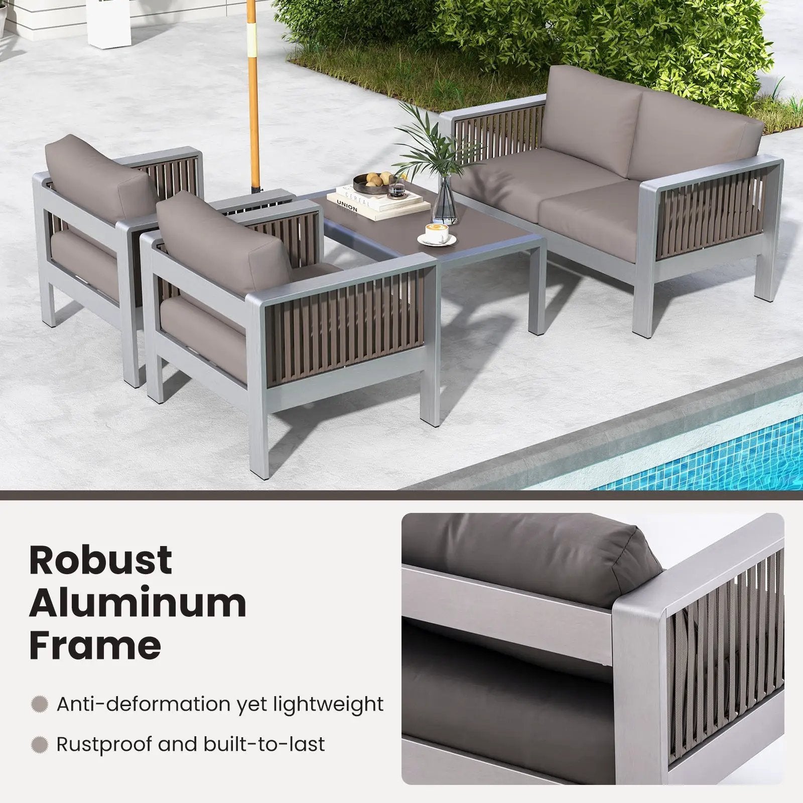 Patio Aluminum Loveseat Sofa Outdoor Furniture Set with Thick Back and Seat Cushions-Gray by DirectDeals