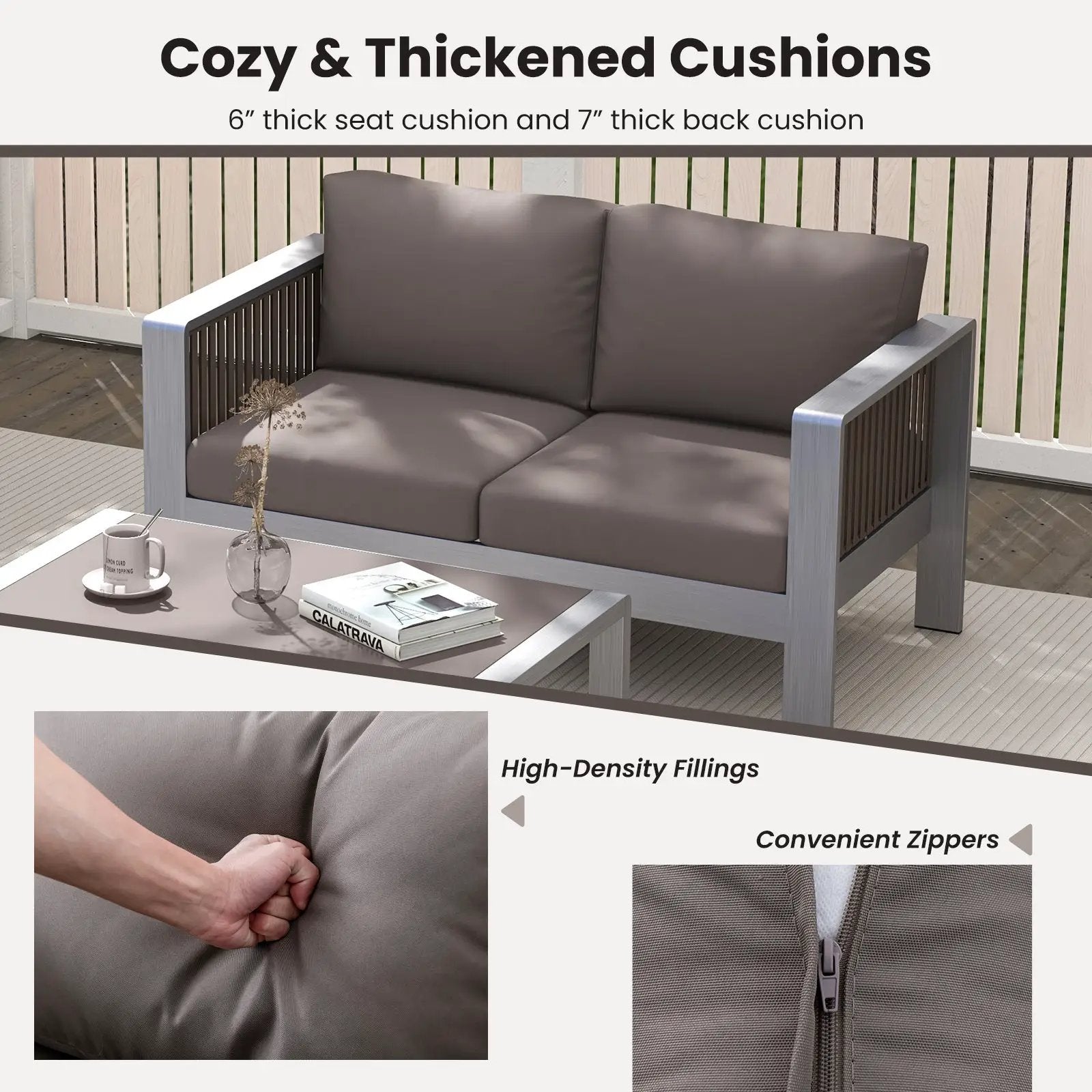 Patio Aluminum Loveseat Sofa Outdoor Furniture Set with Thick Back and Seat Cushions-Gray by DirectDeals