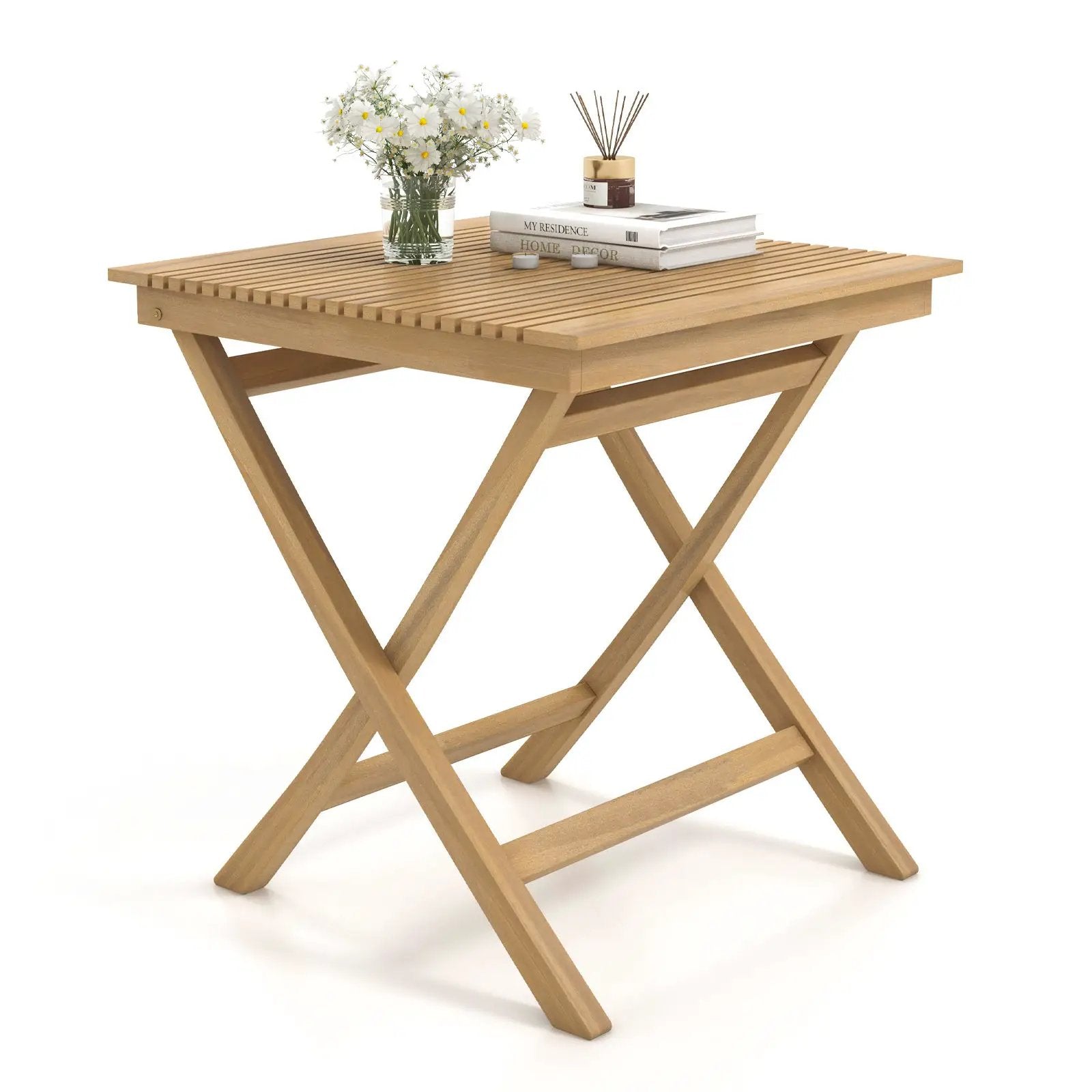 27.5 Inch Indonesia Teak Patio Bistro Table with Slatted Tabletop and Sturdy Wood Frame by DirectDeals