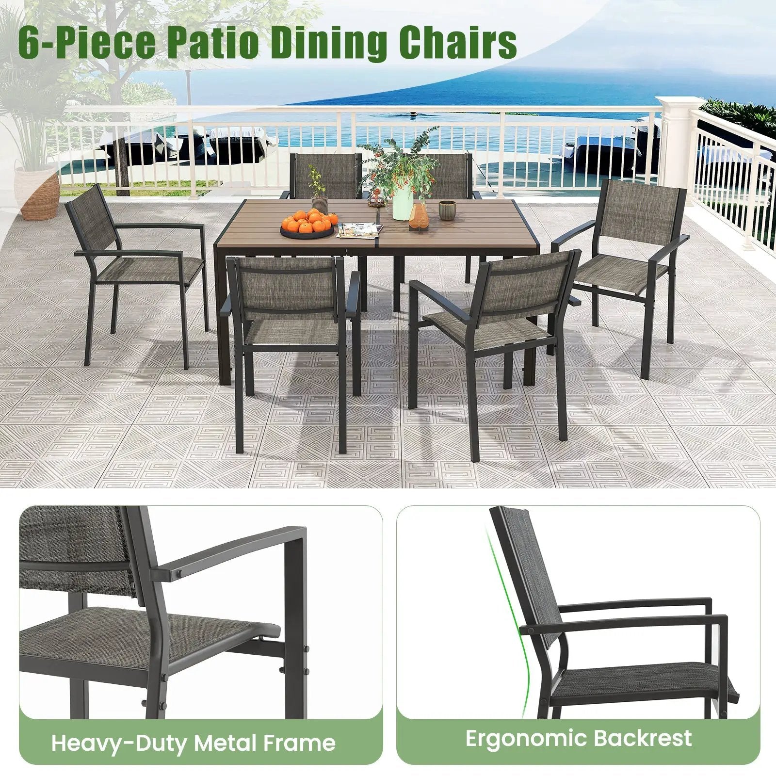 Set of 6 Stackable Patio Chair with Breathable Fabric Seat by DirectDeals