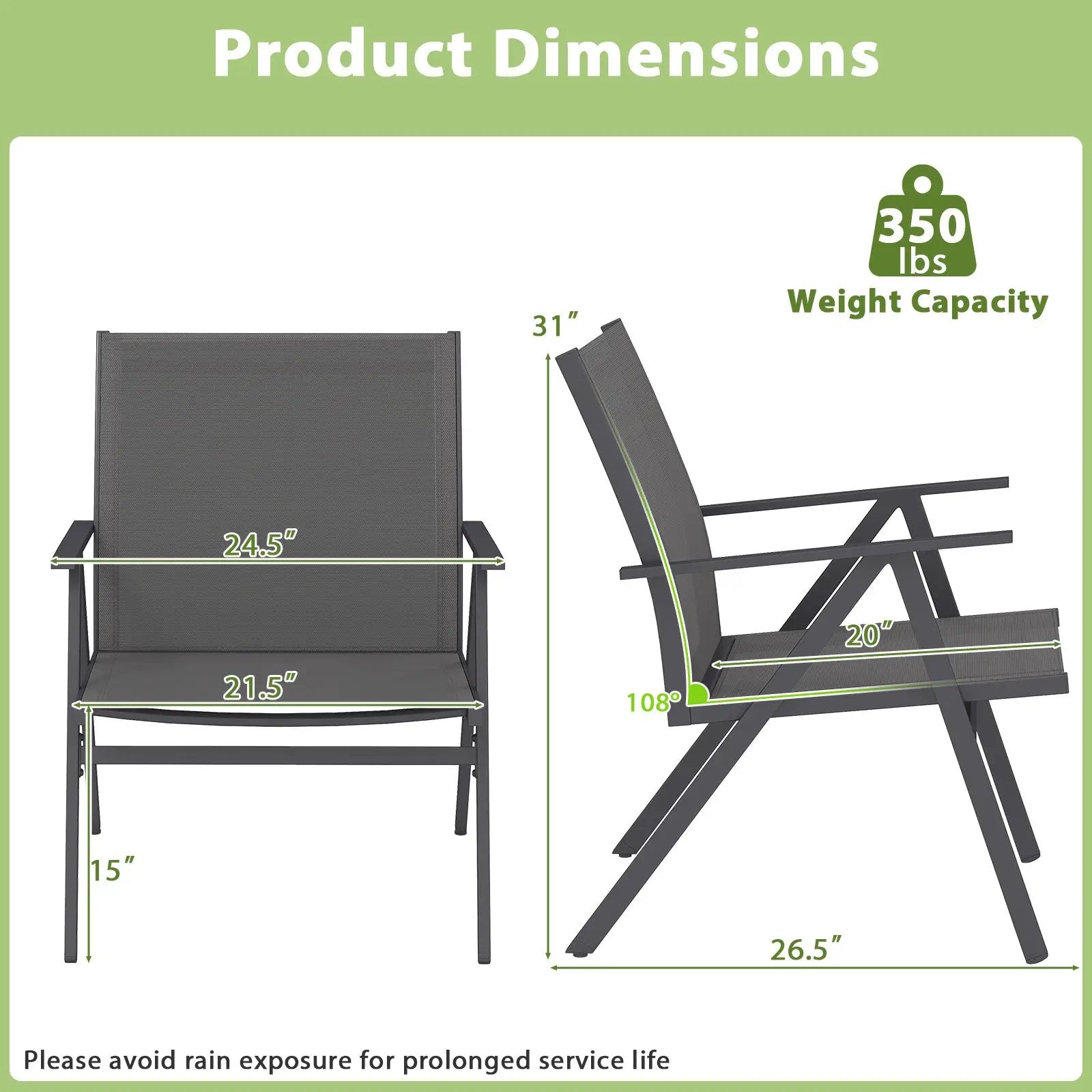 Patio Chairs Set of 2 with Breathable Mesh Fabric and Metal Frame-Gray by DirectDeals