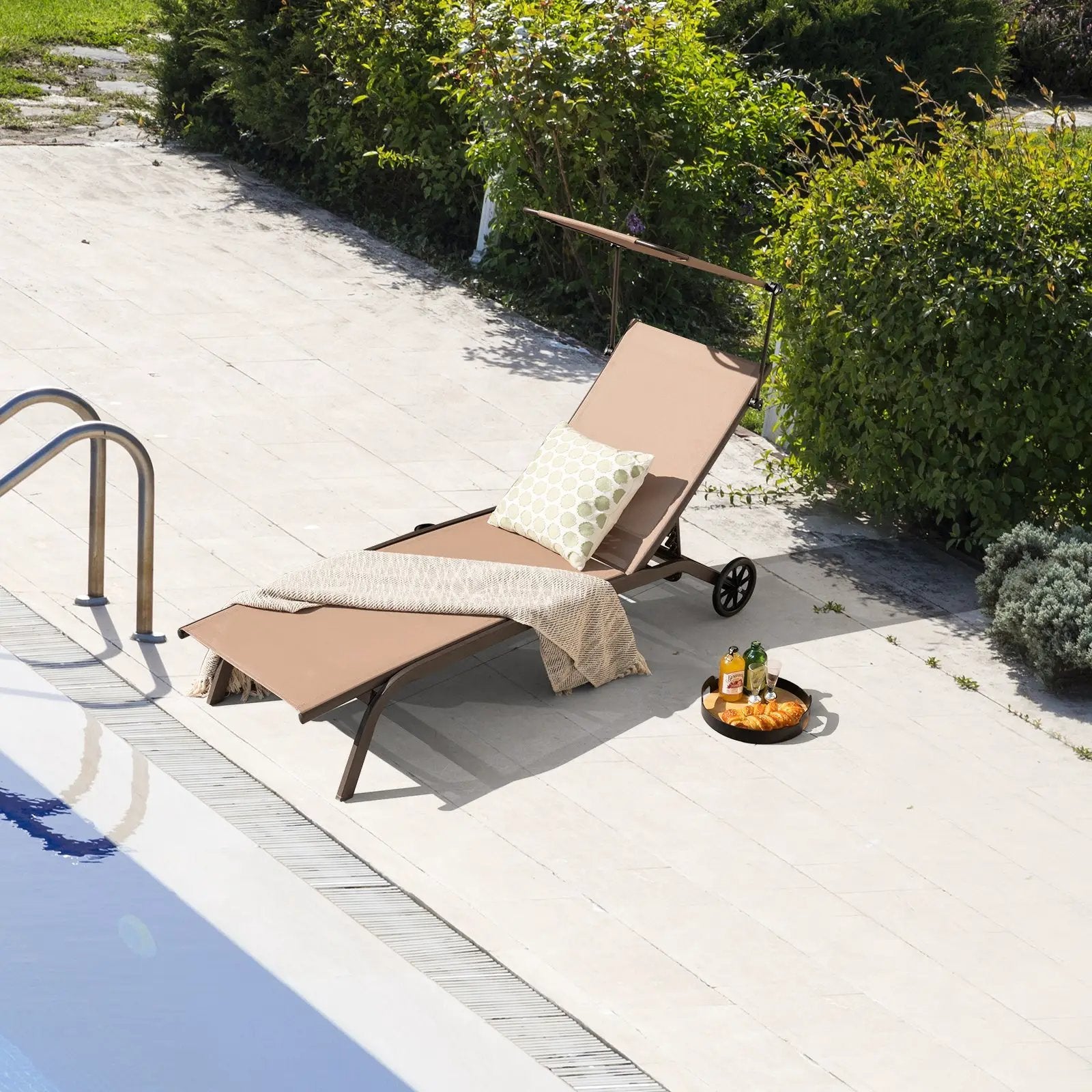 Patio Heavy-Duty Adjustable Chaise Lounge Chair with Canopy Cup holder and Wheels-Brown by DirectDeals