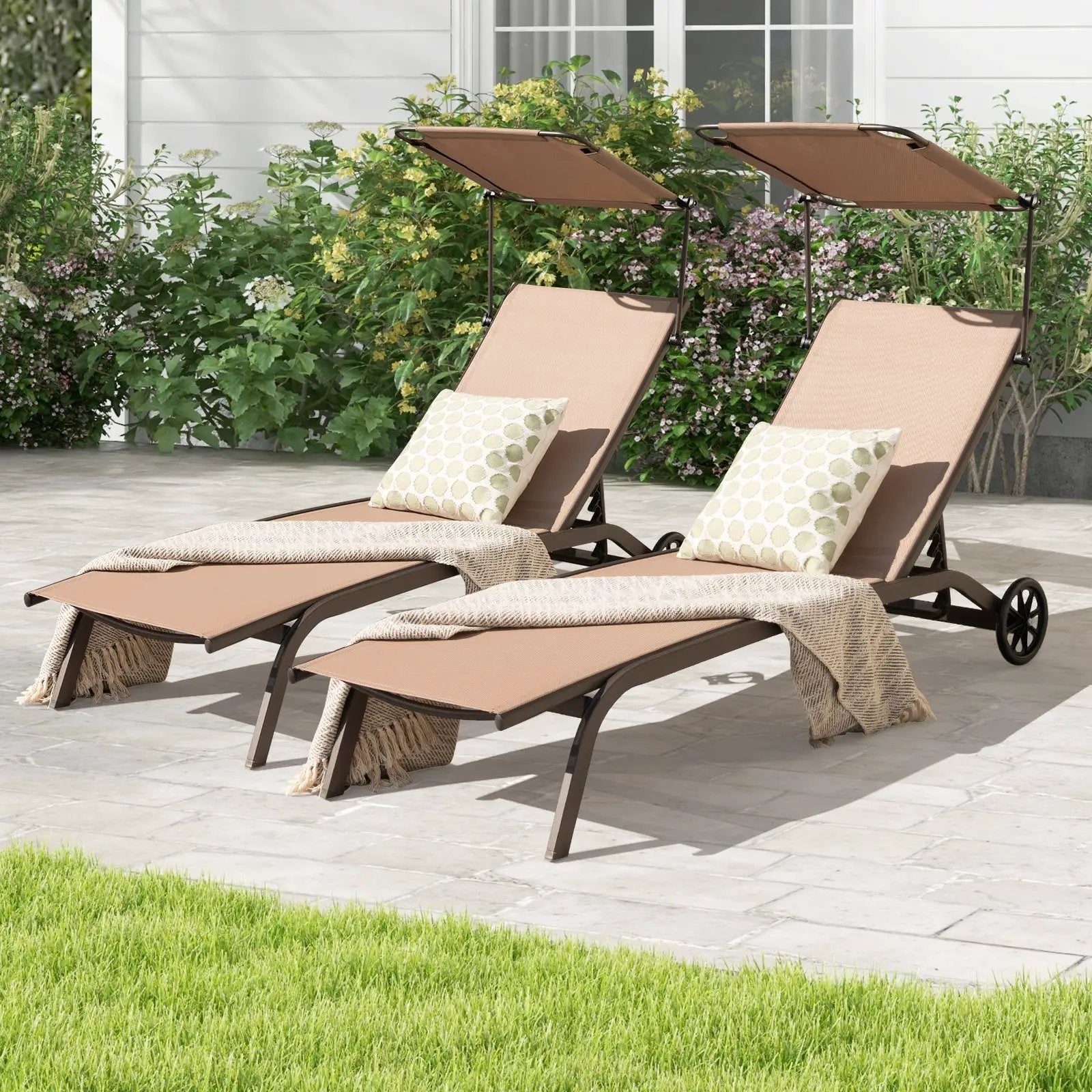 Patio Heavy-Duty Adjustable Chaise Lounge Chair with Canopy Cup holder and Wheels-Brown by DirectDeals