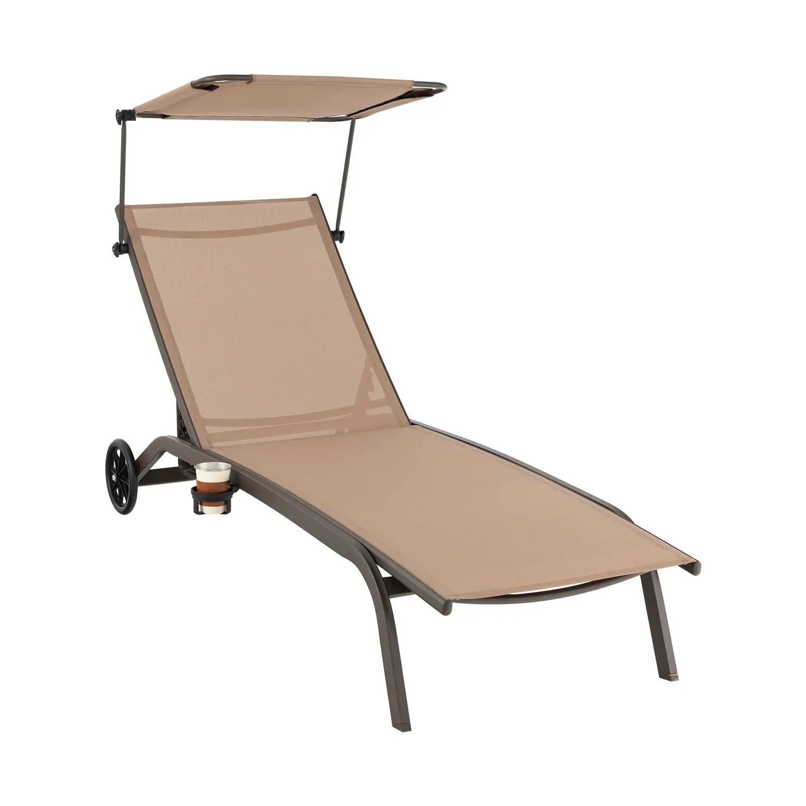 Patio Heavy-Duty Adjustable Chaise Lounge Chair with Canopy Cup holder and Wheels-Brown by DirectDeals