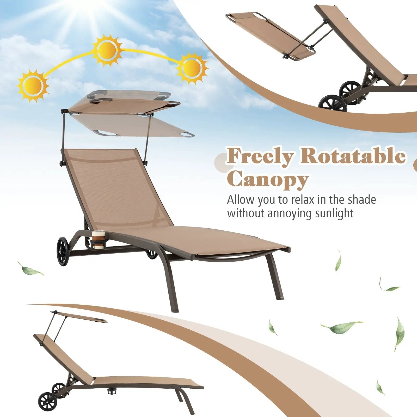 Patio Heavy-Duty Adjustable Chaise Lounge Chair with Canopy Cup holder and Wheels-Brown by DirectDeals