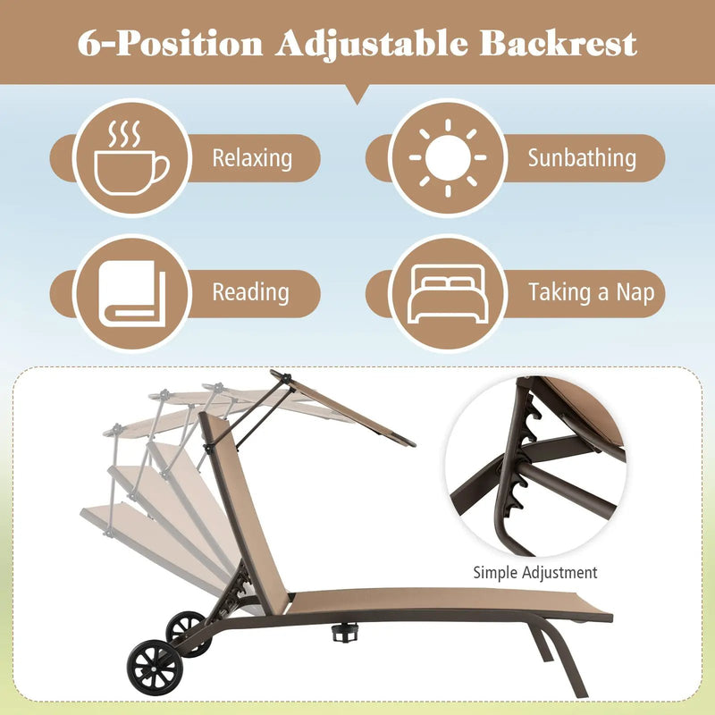 Patio Heavy-Duty Adjustable Chaise Lounge Chair with Canopy Cup holder and Wheels-Brown by DirectDeals