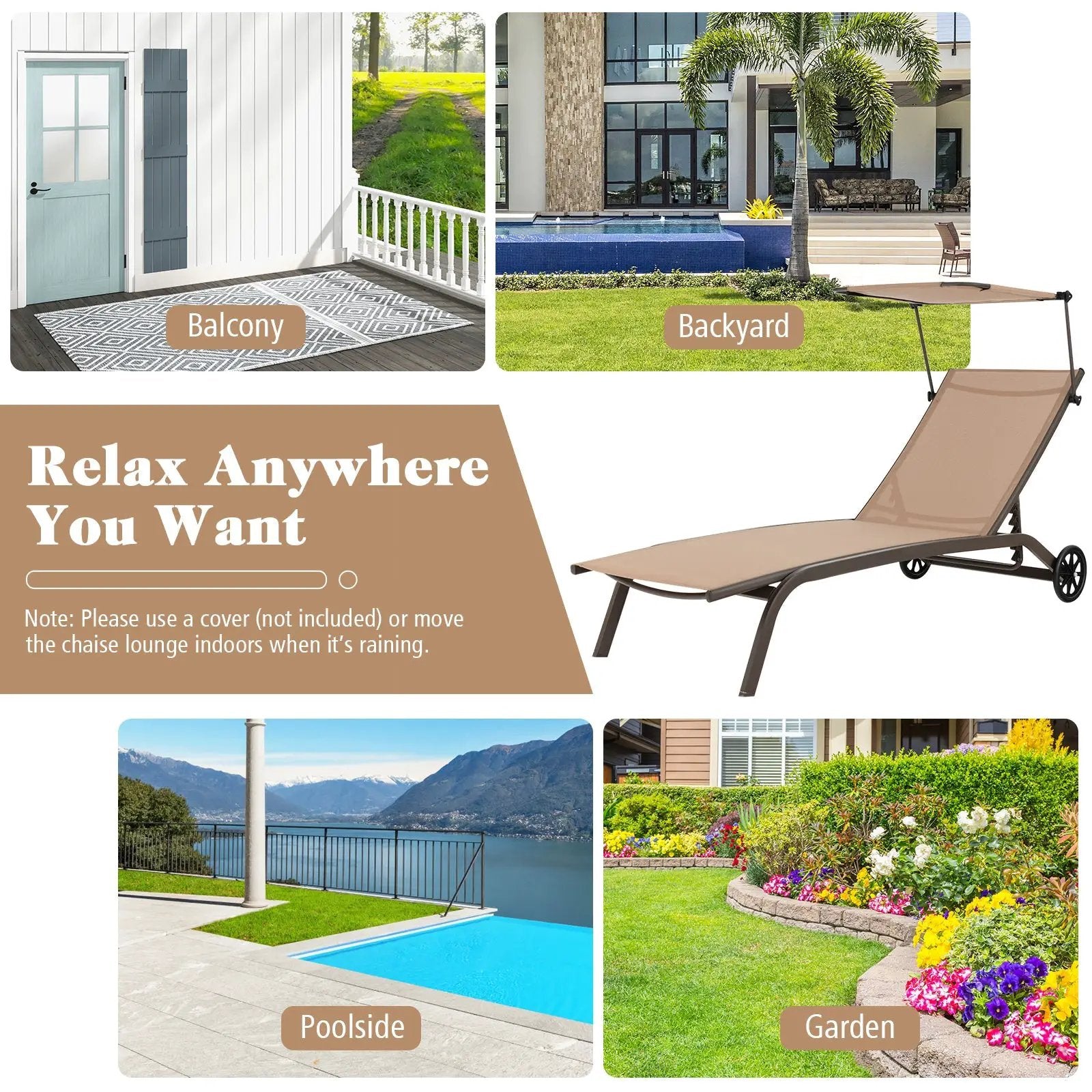 Patio Heavy-Duty Adjustable Chaise Lounge Chair with Canopy Cup holder and Wheels-Brown by DirectDeals