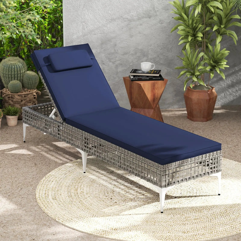 Patio Chaise Lounge Chair with 6-Level Adjustable Backrest and Headrest for Poolside-Navy by DirectDeals