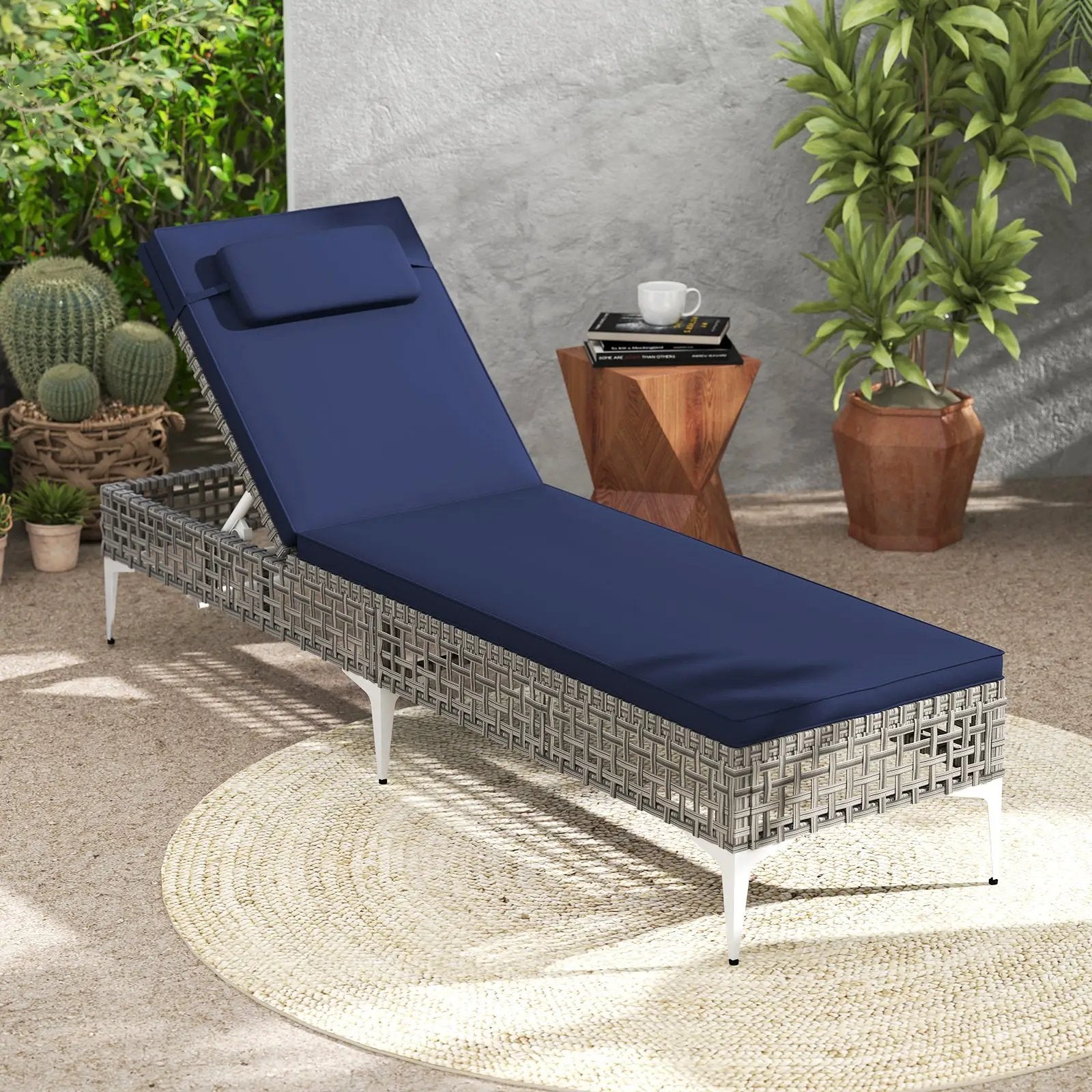 2 Pieces Patio Chaise Lounge Chair with 6-Level Adjustable Backrest and Headrest for Poolside-Navy by DirectDeals