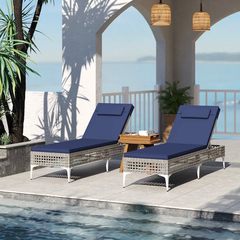 2 Pieces Patio Chaise Lounge Chair with 6-Level Adjustable Backrest and Headrest for Poolside-Navy by DirectDeals