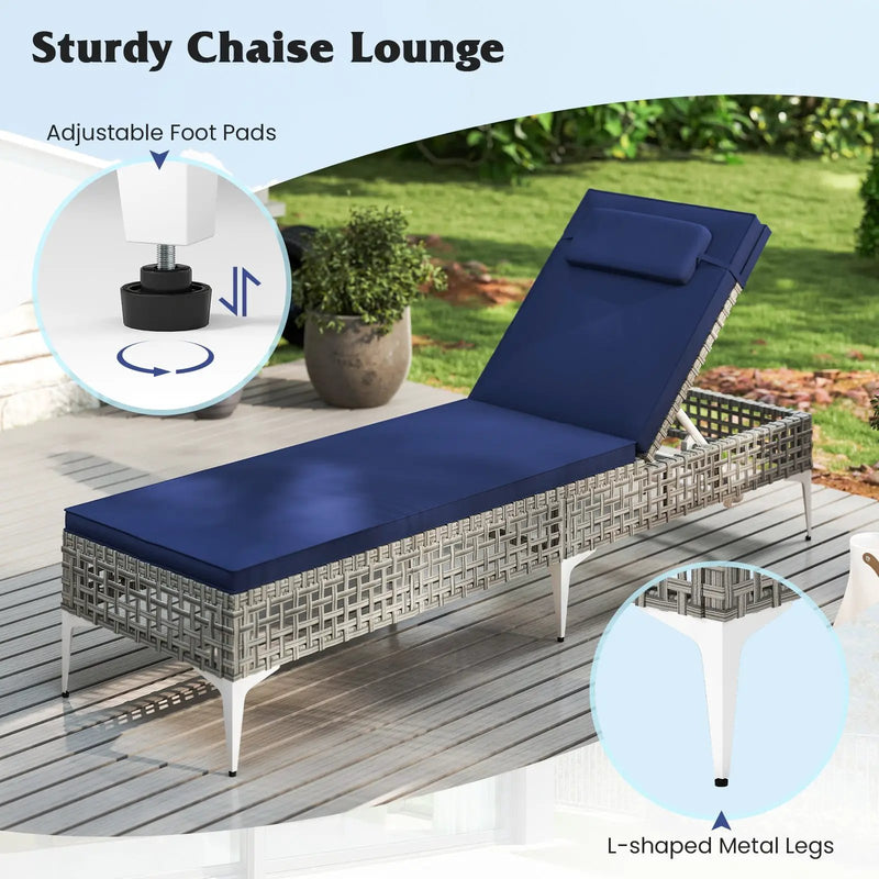 Patio Chaise Lounge Chair with 6-Level Adjustable Backrest and Headrest for Poolside-Navy by DirectDeals