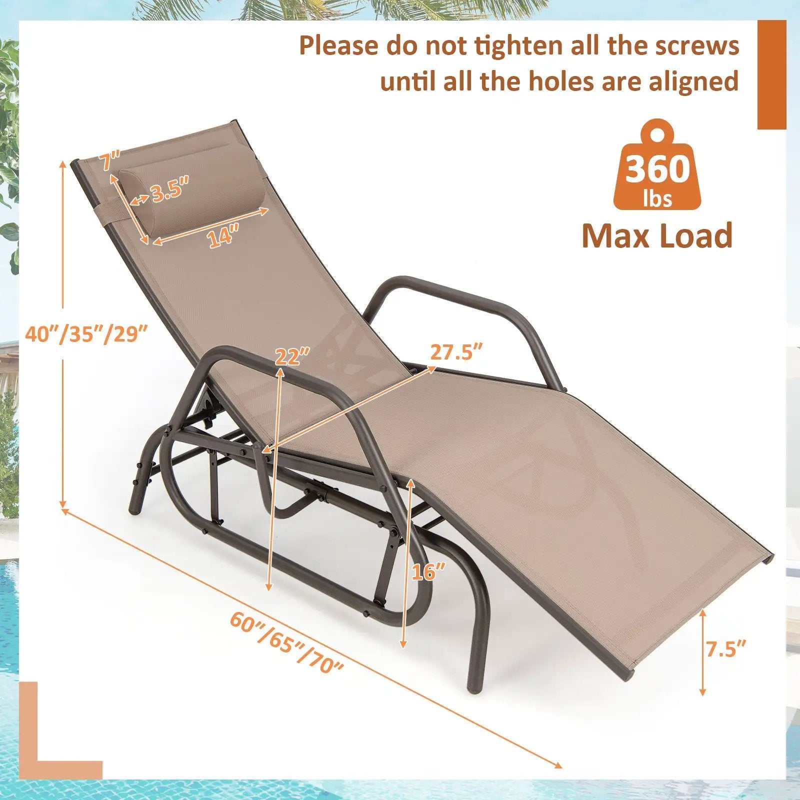 Outdoor Chaise Lounge Glider Chair with Armrests and Pillow by DirectDeals