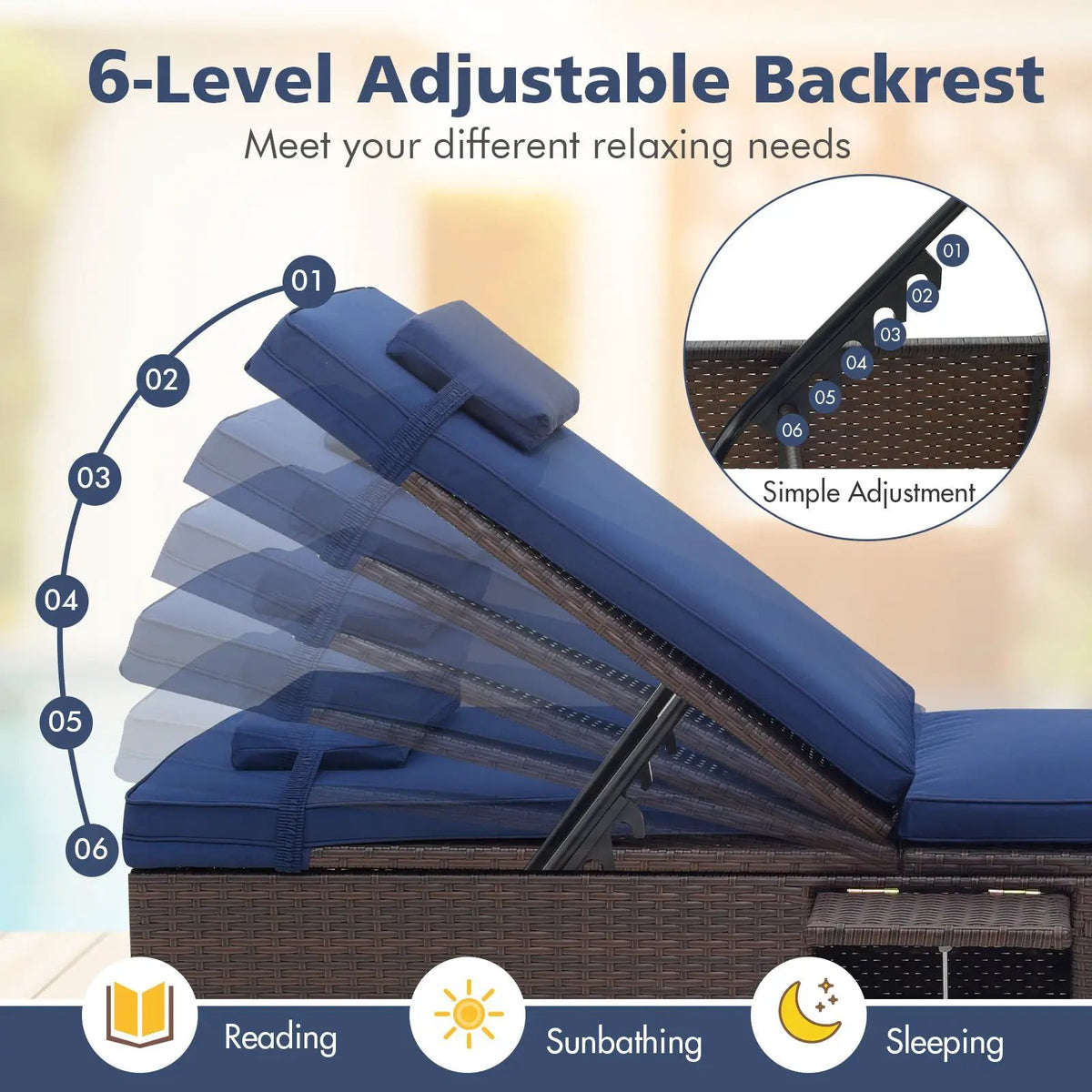 Outdoor PE RattanChaise Lounge with 6-level Backrest, photo 7 of 9