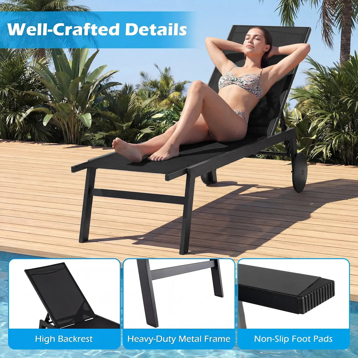 Patio Chaise Lounge Chair with Wheels and 6, photo 15 of 16