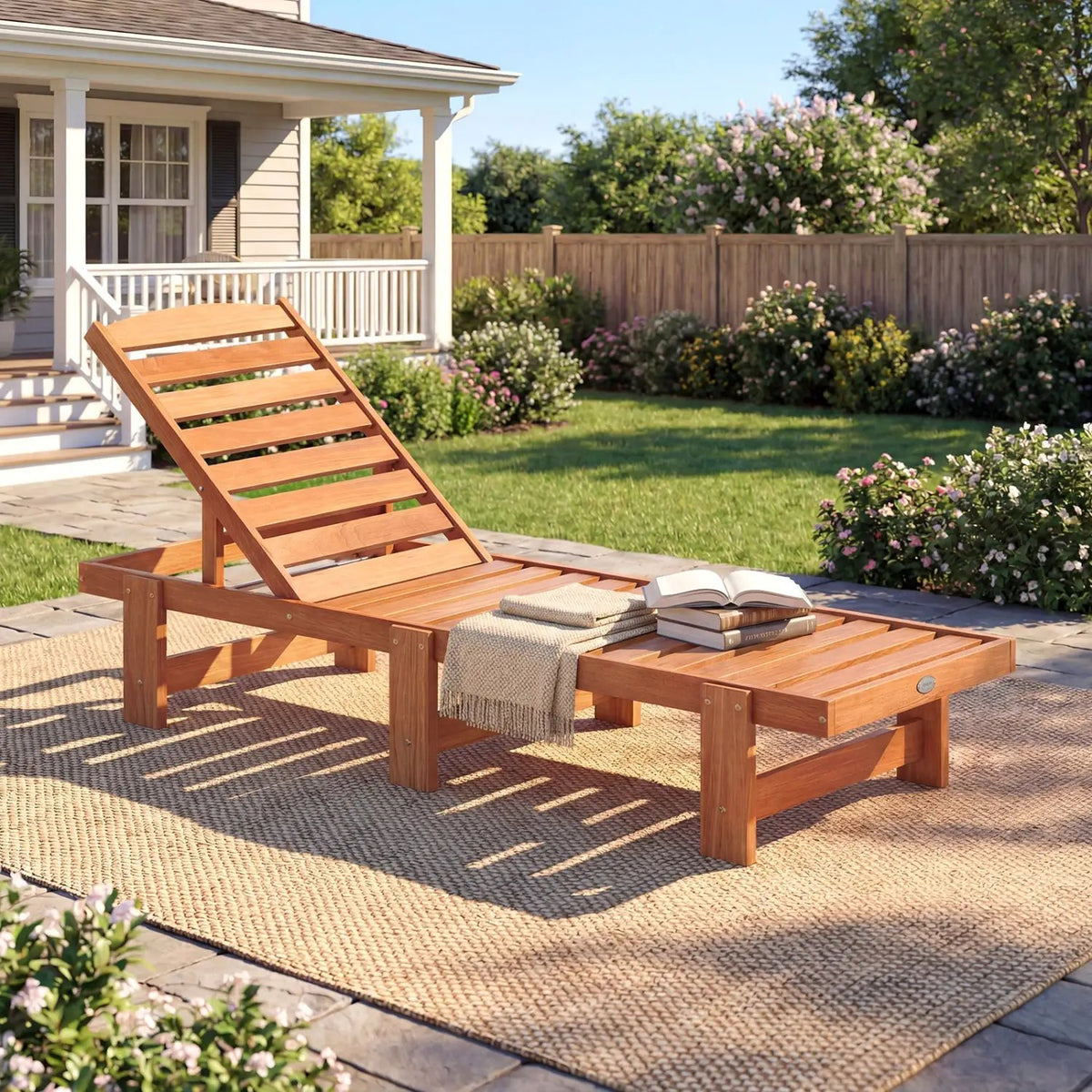Patio Chaise Lounge Chair Solid Wood Slatted Recliner with Adjustable Backrest, photo 10 of 15
