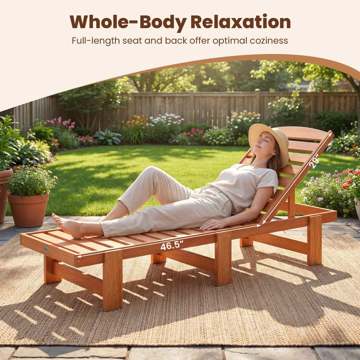 Patio Chaise Lounge Chair Solid Wood Slatted Recliner with Adjustable Backrest, photo 11 of 15