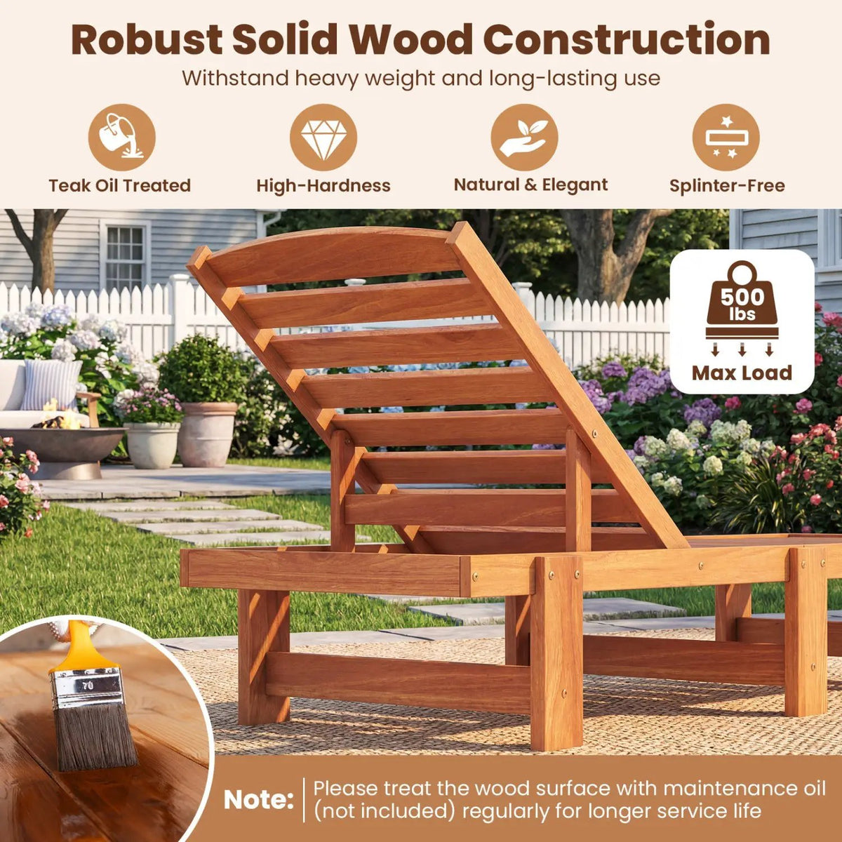 Patio Chaise Lounge Chair Solid Wood Slatted Recliner with Adjustable Backrest, photo 13 of 15