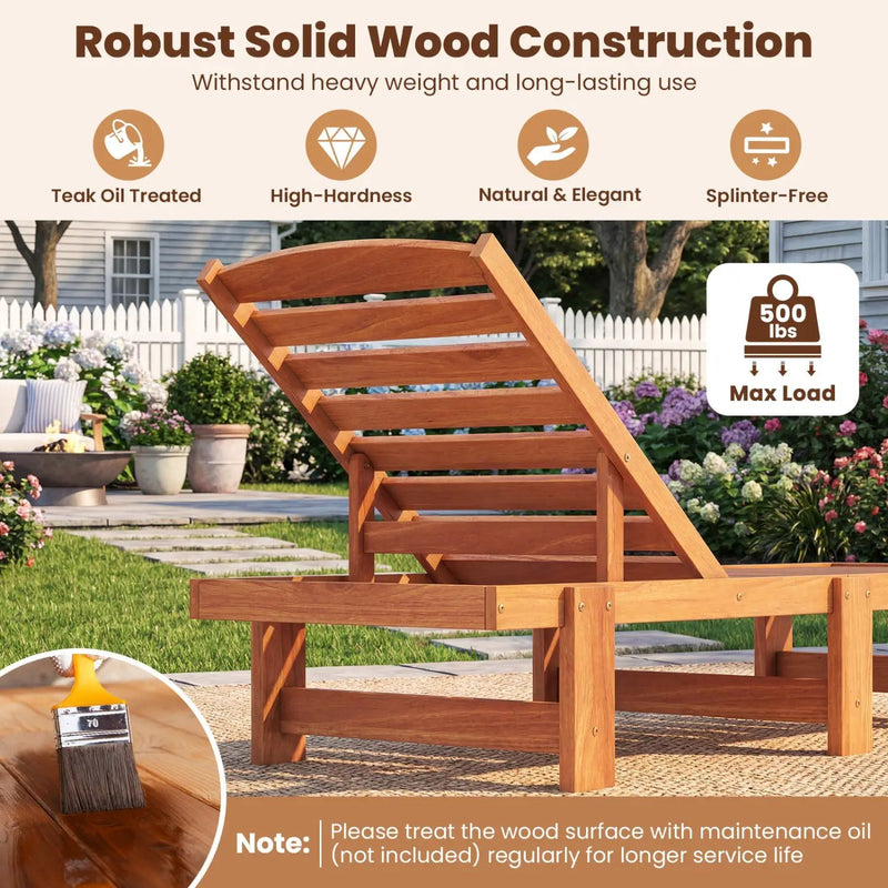 Patio Chaise Lounge Chair Solid Wood Slatted Recliner with Adjustable Backrest by DirectDeals