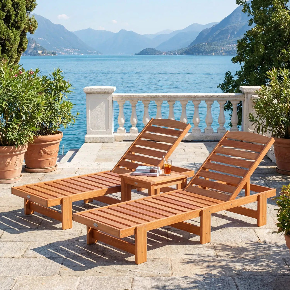Patio Chaise Lounge Chair Solid Wood Slatted Recliner with Adjustable Backrest, photo 3 of 15