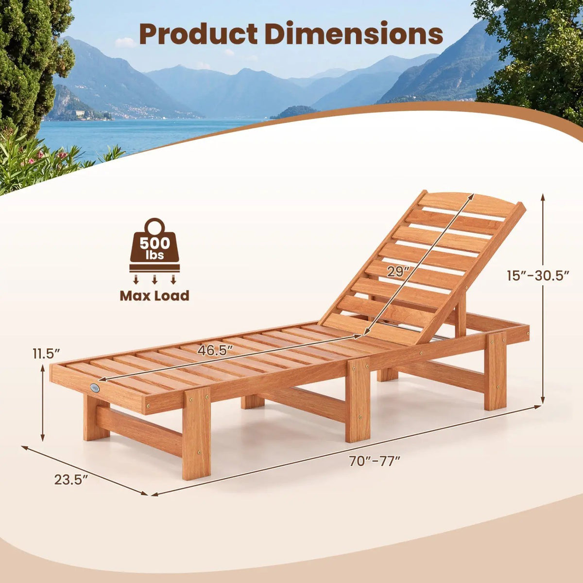 Patio Chaise Lounge Chair Solid Wood Slatted Recliner with Adjustable Backrest, photo 4 of 15