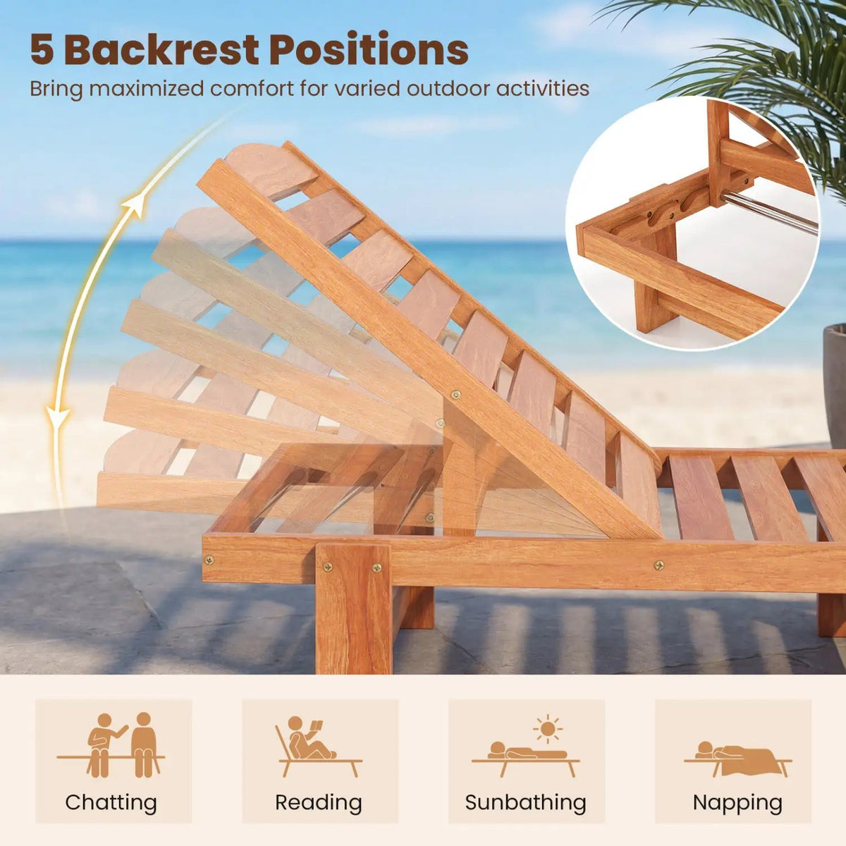 Patio Chaise Lounge Chair Solid Wood Slatted Recliner with Adjustable Backrest, photo 6 of 15