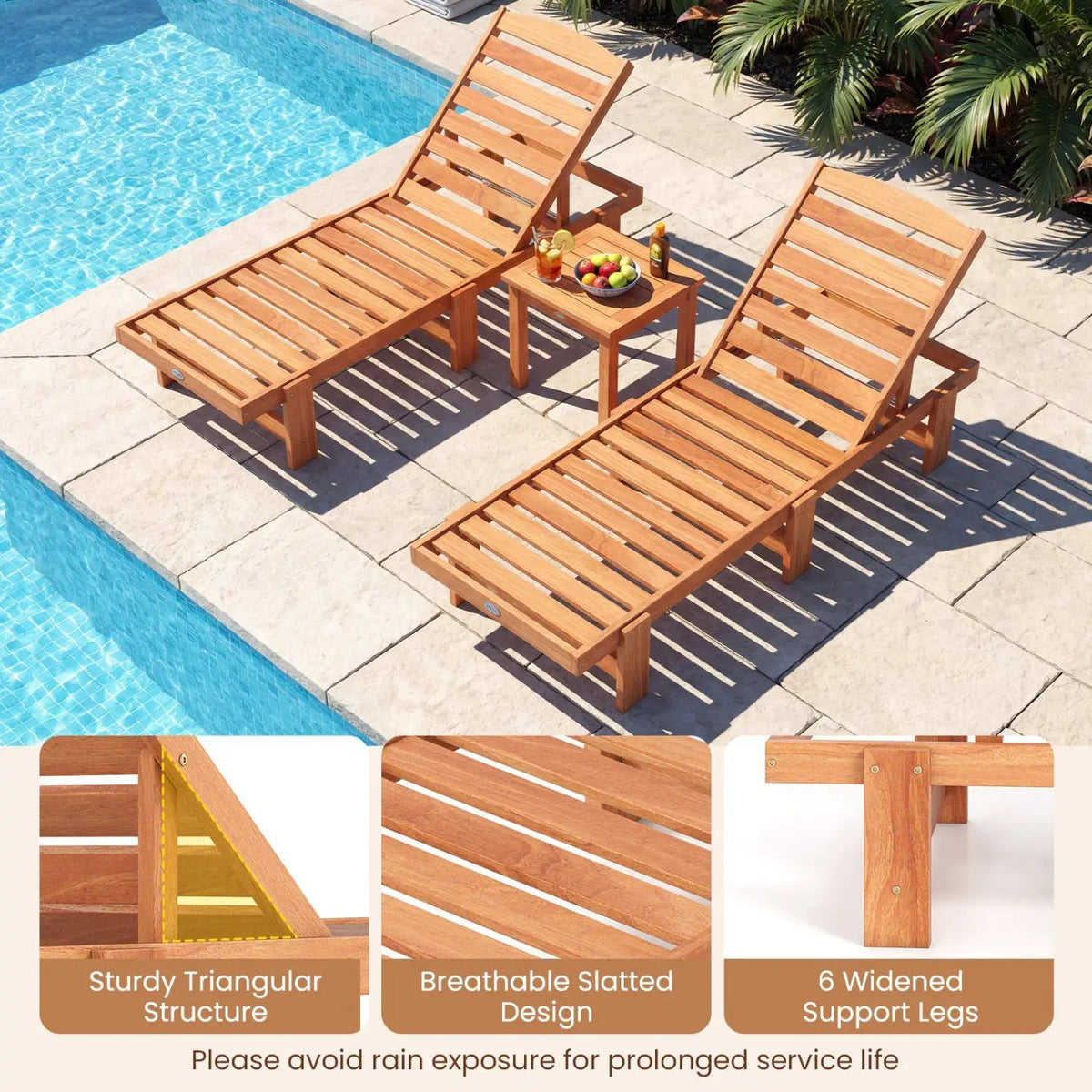 Patio Chaise Lounge Chair Solid Wood Slatted Recliner with Adjustable Backrest, photo 8 of 15