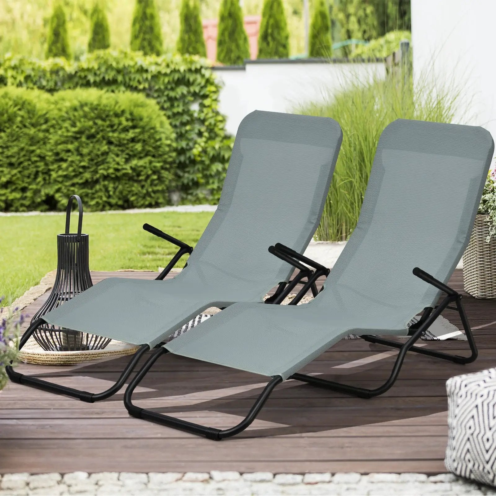 2 Pieces Folding Portable Patio Chaise Lounger with Rocking Design-Light Green by DirectDeals
