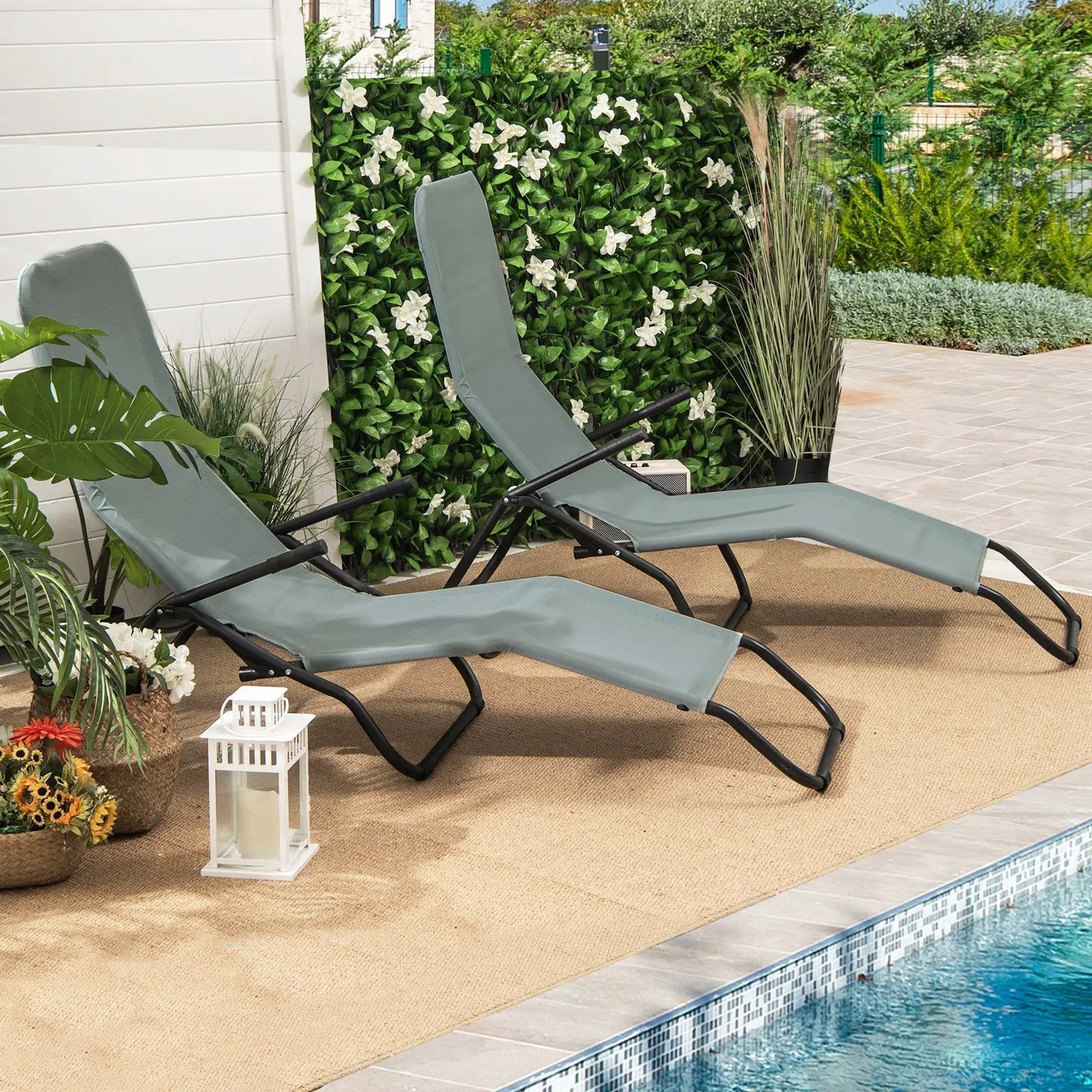 2 Pieces Folding Portable Patio Chaise Lounger with Rocking Design-Light Green by DirectDeals