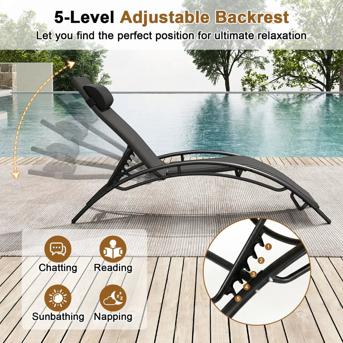 Patio Chaise Lounges Set of 2 Outdoor Recliner with 5-Position Backrest, photo 11 of 16