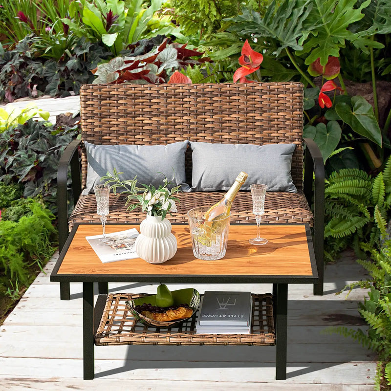 2 Pieces Patio Rattan Coffee Table Set with Shelf and Quick Dry Cushion by DirectDeals