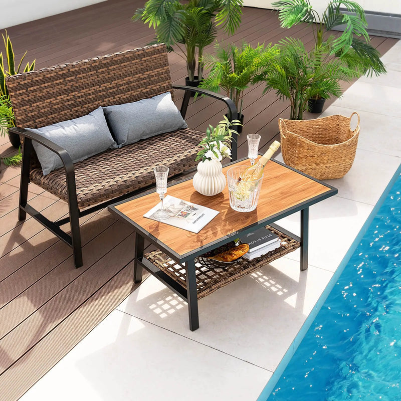 2 Pieces Patio Rattan Coffee Table Set with Shelf and Quick Dry Cushion by DirectDeals