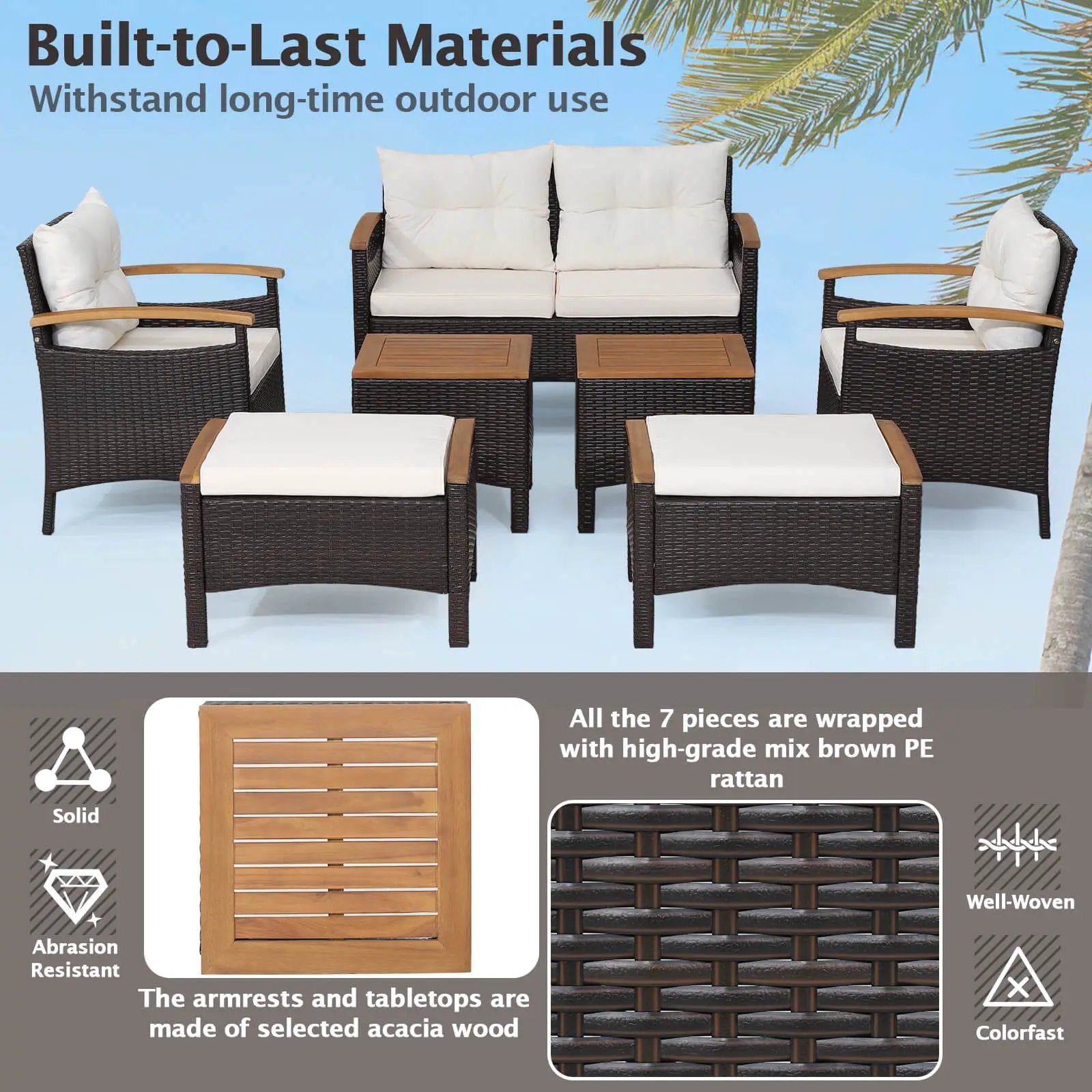 7 Piece Rattan Patio Sofa Set with Acacia Wood Tabletop and Armrests by DirectDeals