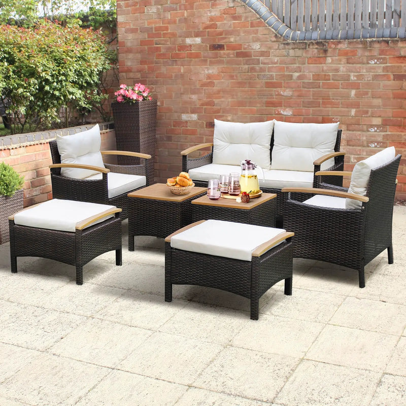 7 Piece Rattan Patio Sofa Set with Acacia Wood Tabletop and Armrests by DirectDeals