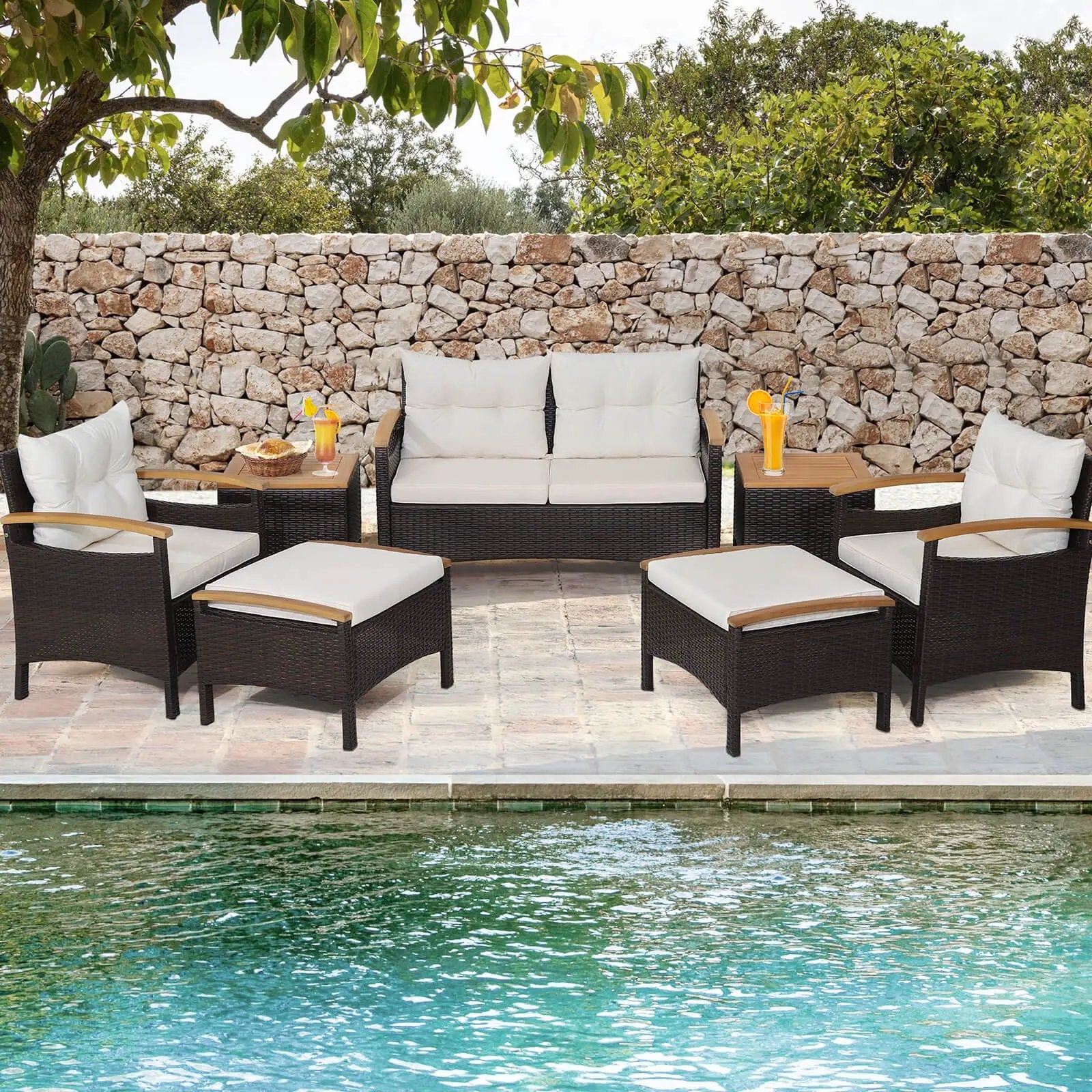 7 Piece Rattan Patio Sofa Set with Acacia Wood Tabletop and Armrests by DirectDeals