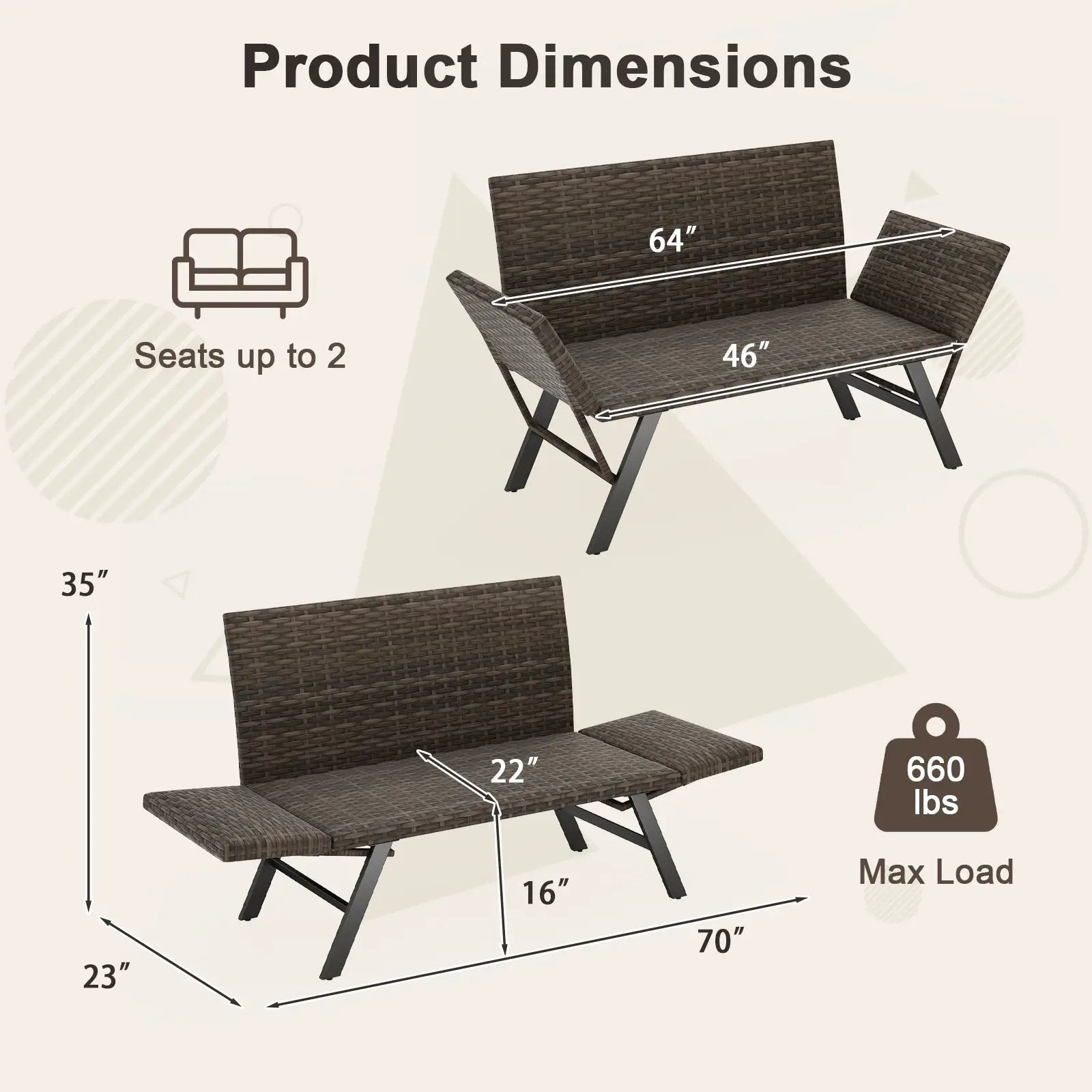 Patio Convertible Sofa for 2 Quick Dry Foam Padded Rattan with Armrests-Gray by DirectDeals