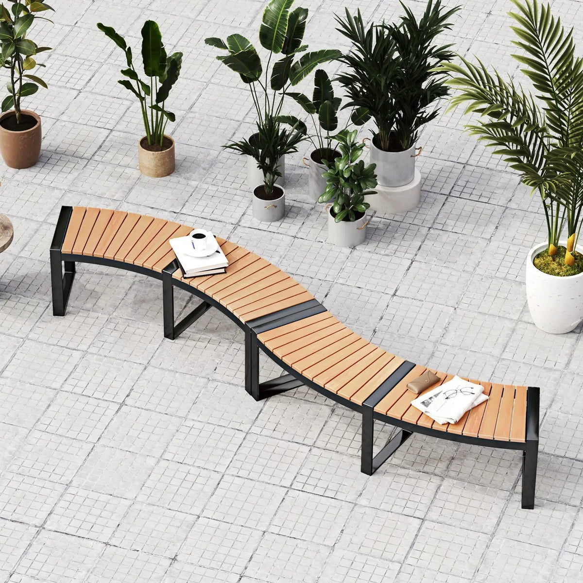 Patio Curved Bench with Slatted Seat and Metal Legs, photo 3 of 16