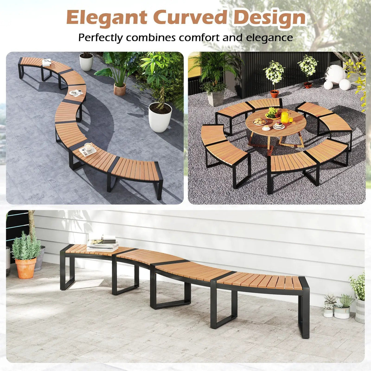 Patio Curved Bench with Slatted Seat and Metal Legs, photo 13 of 16