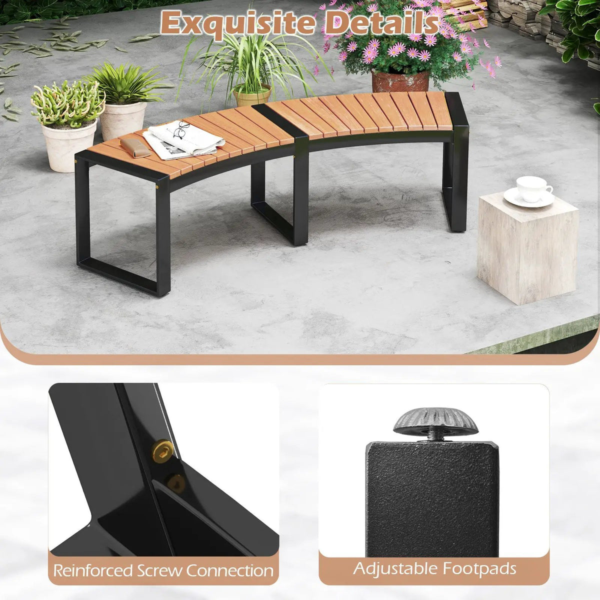 Patio Curved Bench with Slatted Seat and Metal Legs, photo 15 of 16